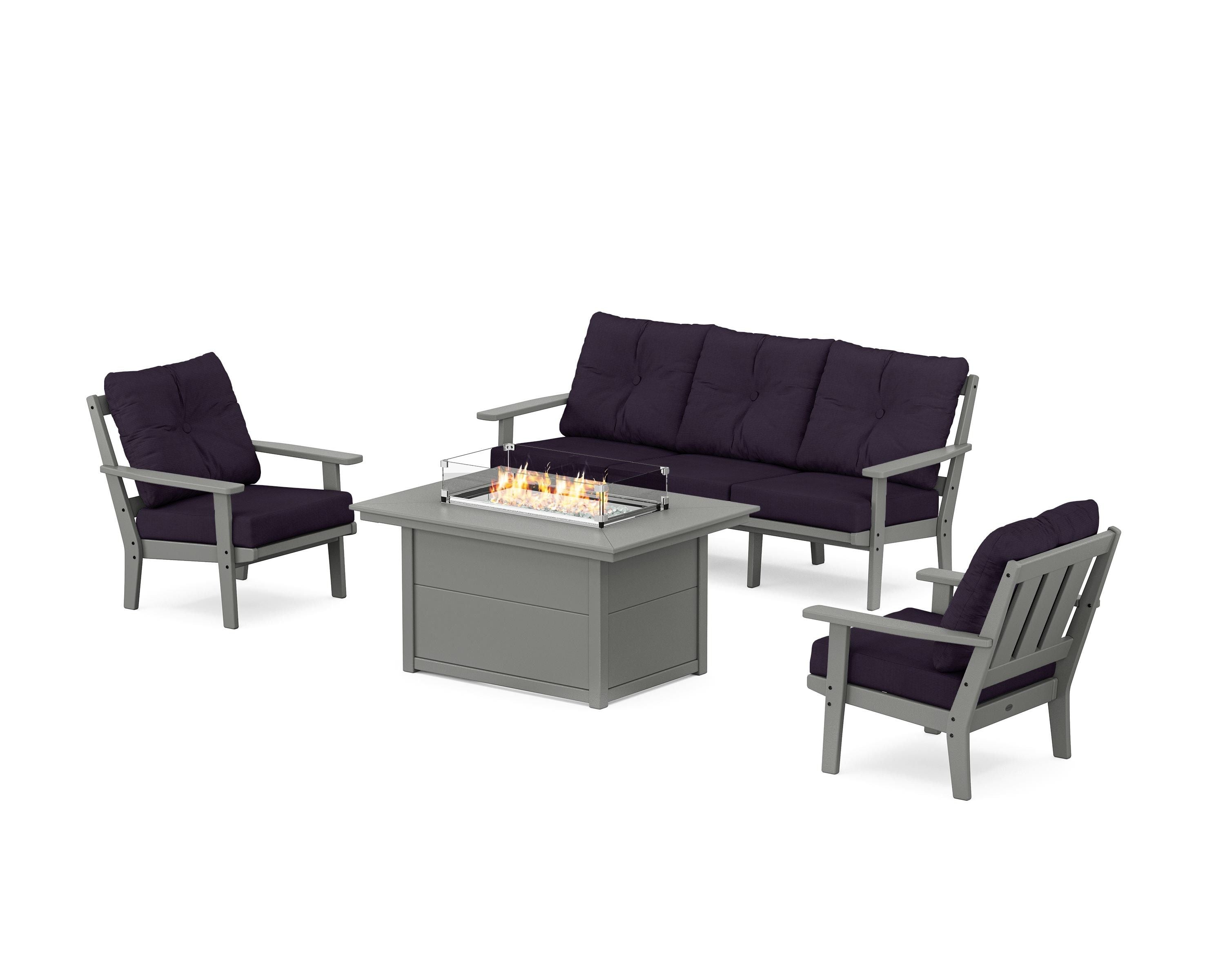 POLYWOOD Oxford Deep Seating Fire Pit Table Set in Slate Grey / Navy Linen