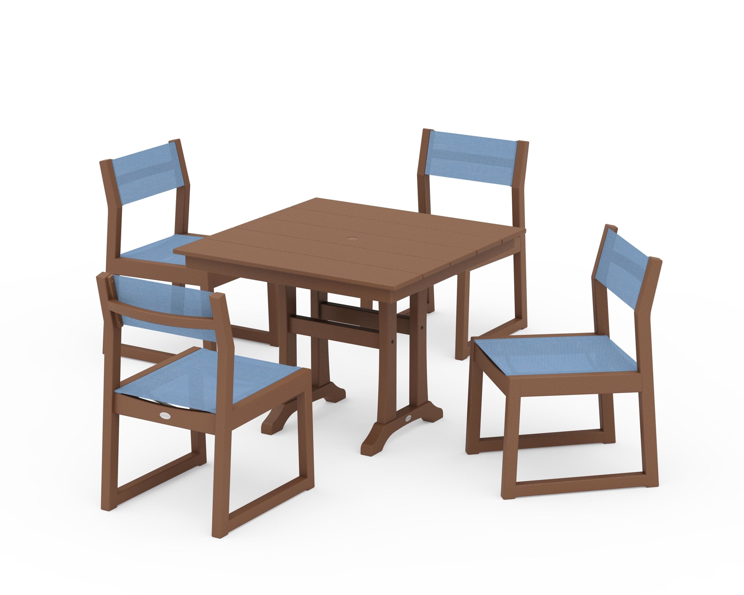 POLYWOOD EDGE Sling 5-Piece Farmhouse Trestle Side Chair Dining Set in Teak / Poolside Sling
