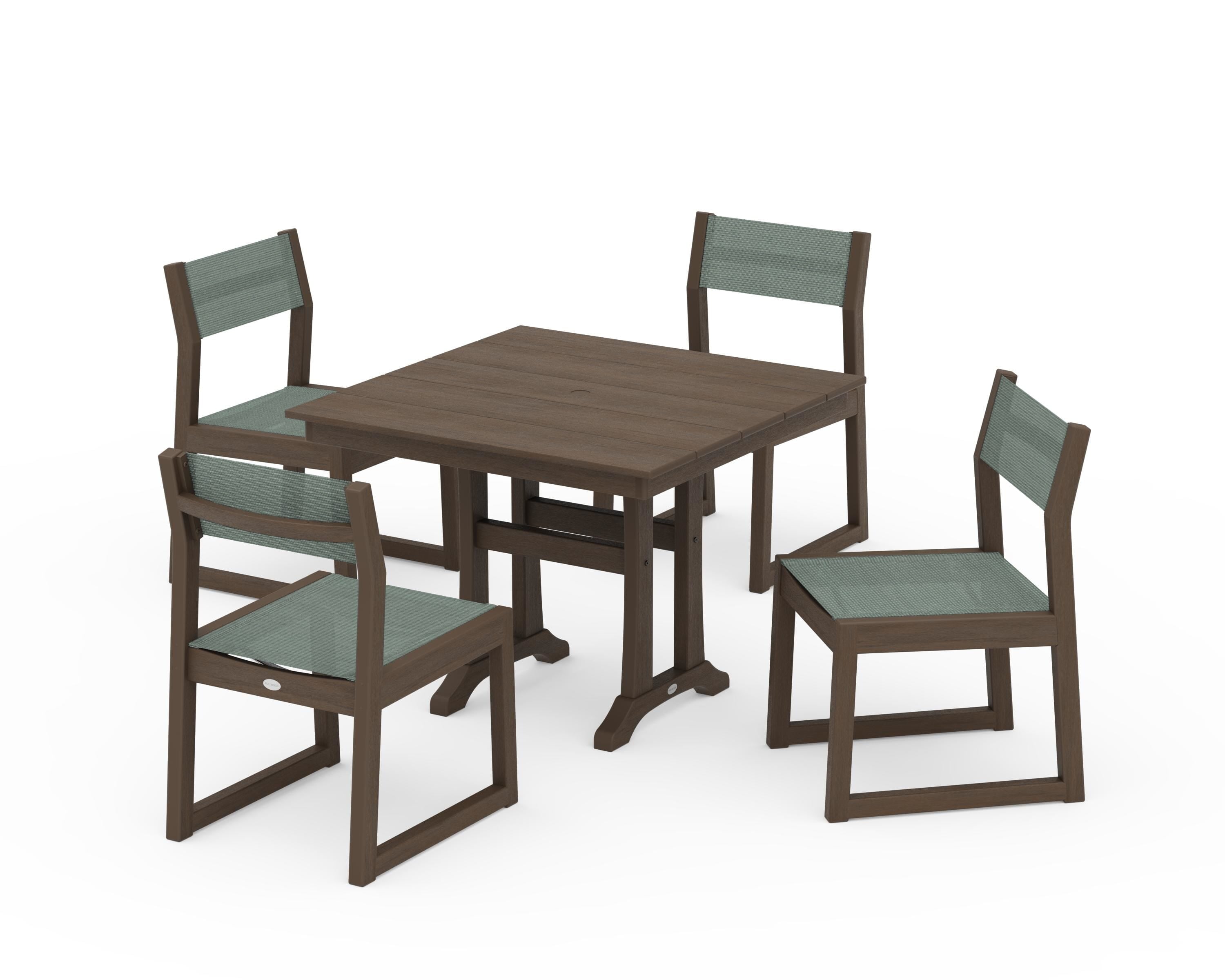 POLYWOOD EDGE Sling 5-Piece Farmhouse Trestle Side Chair Dining Set in Kona / Dupioni Sea Mist Sling
