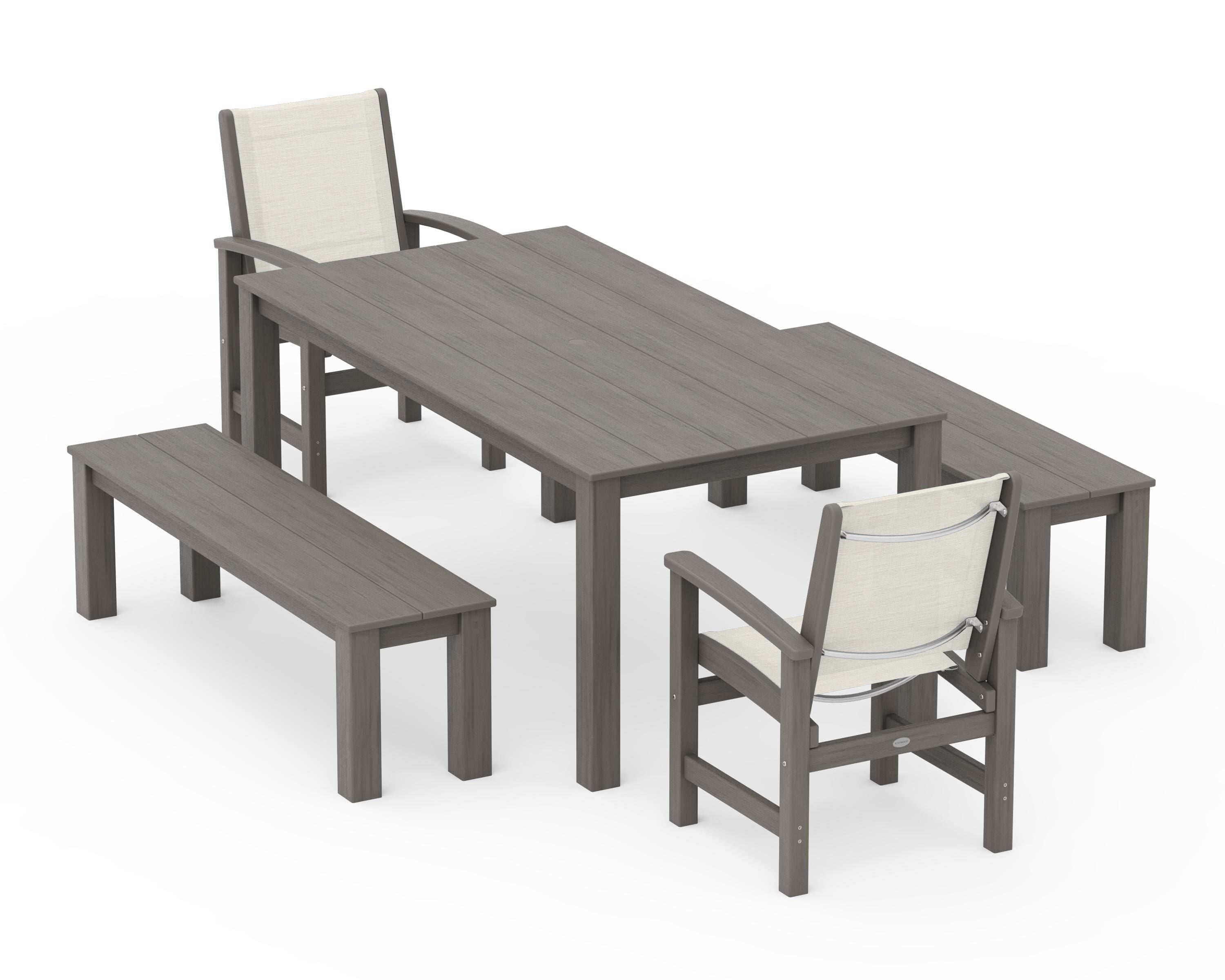 POLYWOOD Coastal 5-Piece Parsons Dining Set with Benches in Driftwood / Parchment Sling