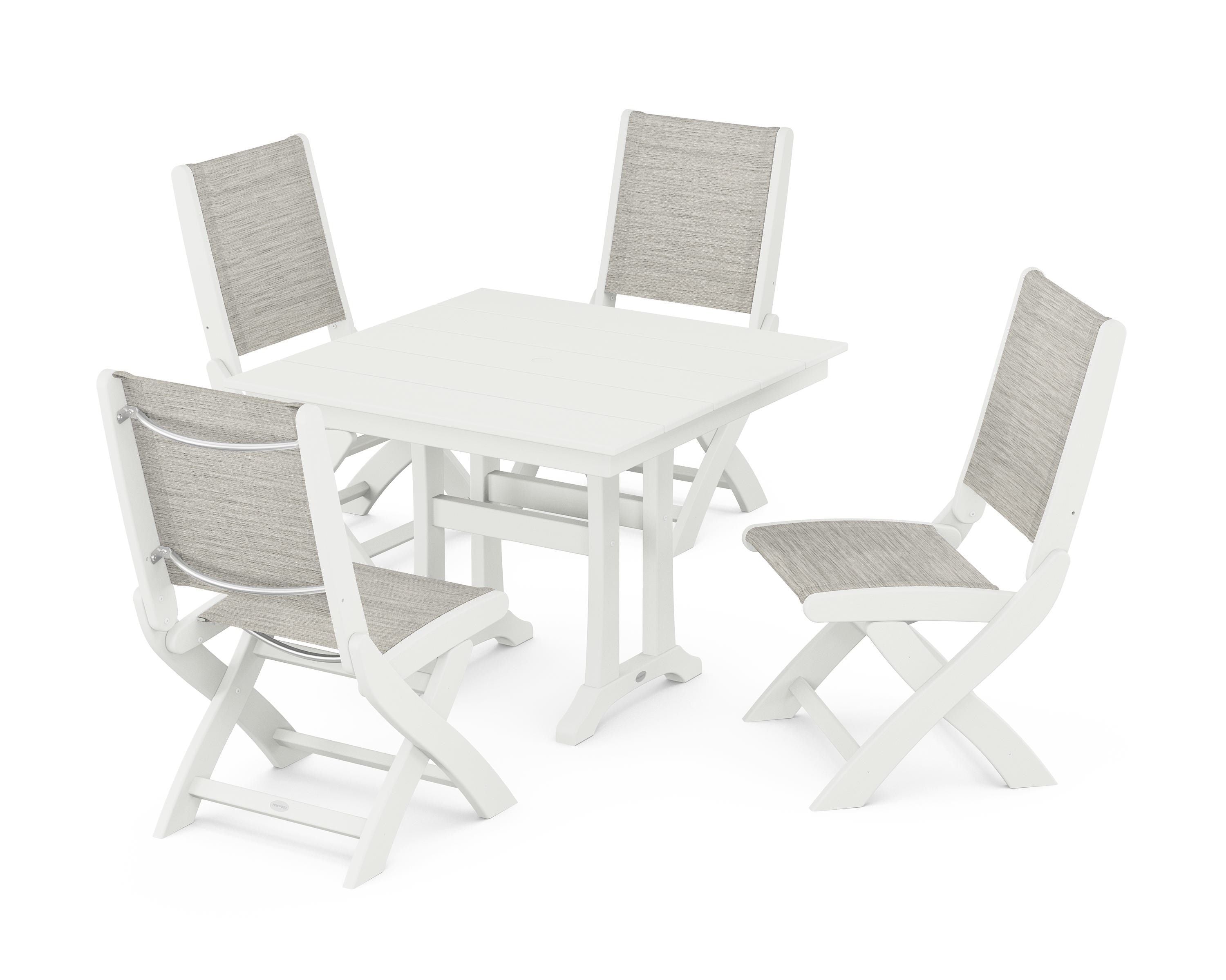 POLYWOOD Coastal Folding Side Chair 5-Piece Farmhouse Dining Set With Trestle Legs in Vintage White / Birch Sling
