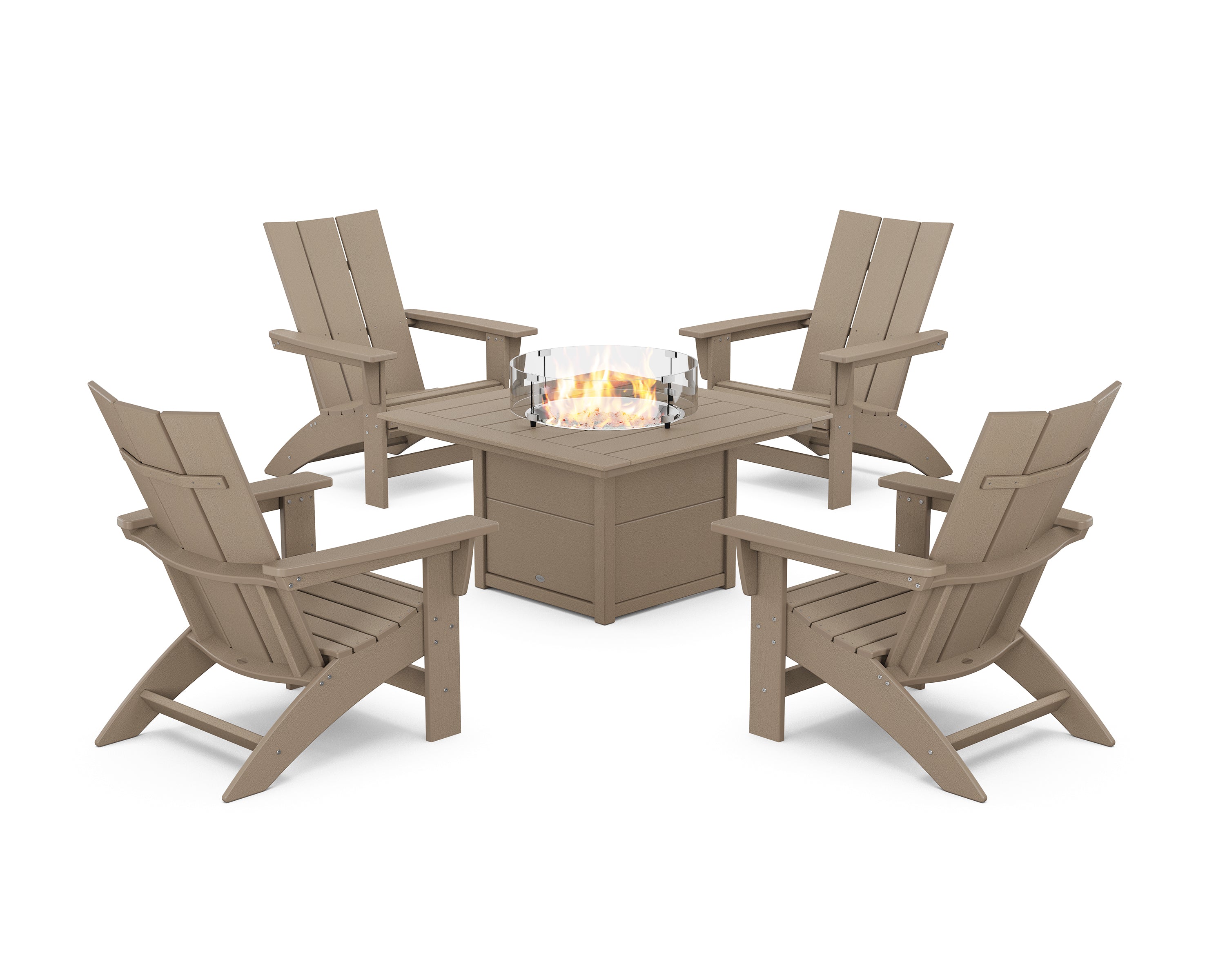 POLYWOOD 5-Piece Modern Grand Adirondack Conversation Set with Fire Pit Table in Vintage Sahara