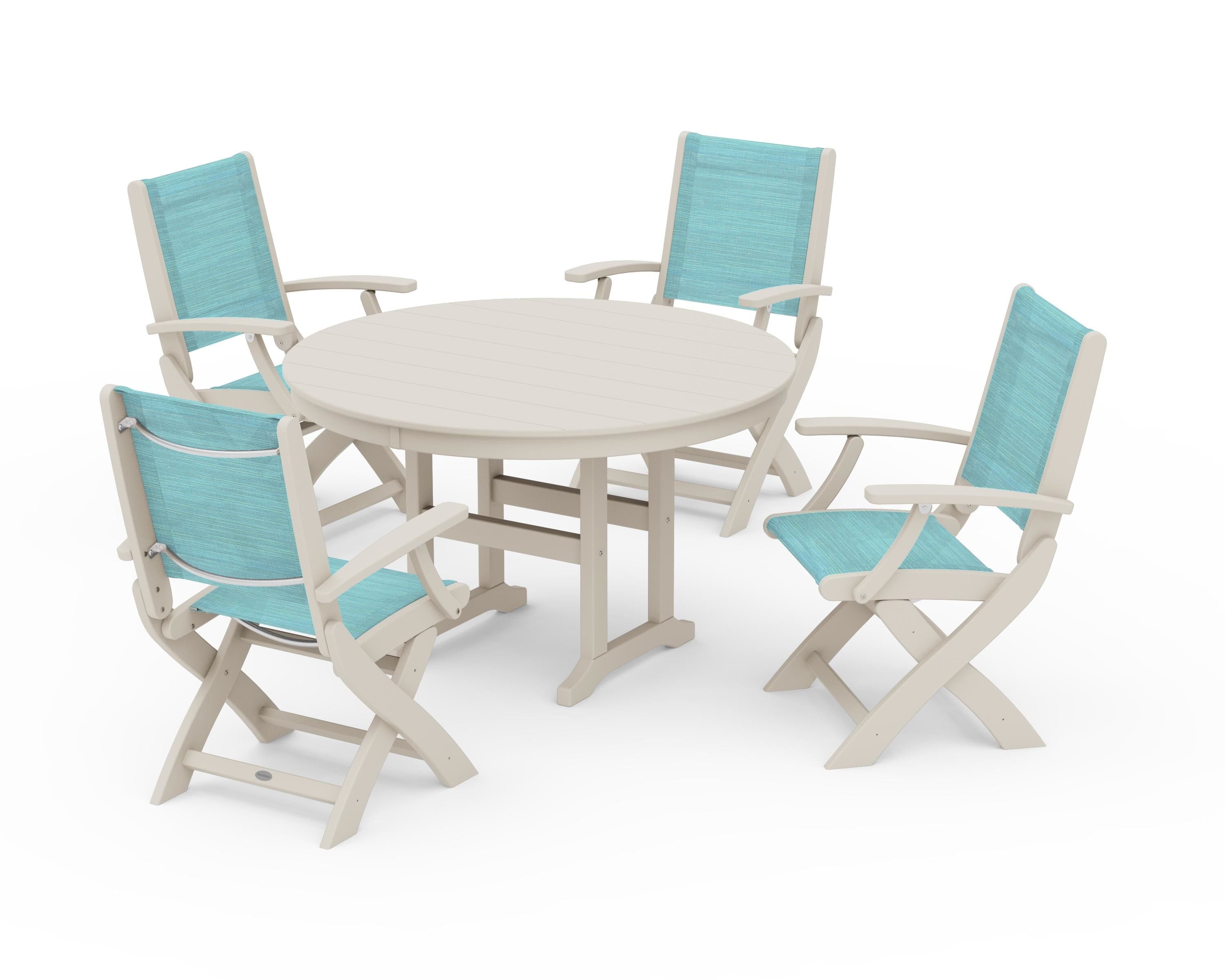 POLYWOOD Coastal Folding Chair 5-Piece Round Dining Set in Sand / Dupioni Aquamarine Sling