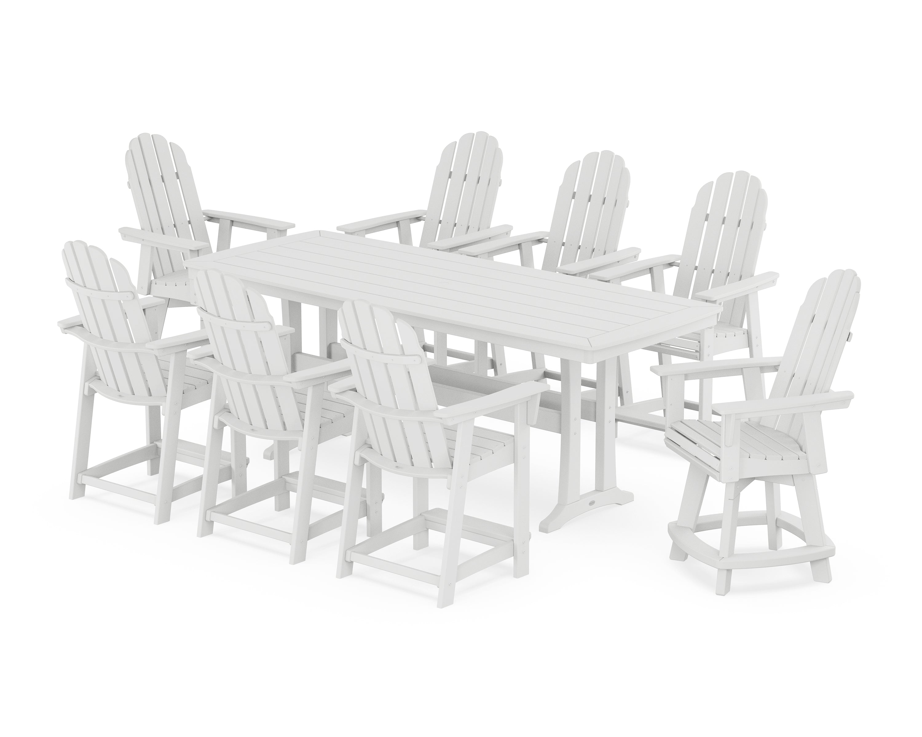 POLYWOOD® Vineyard Curveback Adirondack Swivel 9-Piece Counter Set with Trestle Legs in White