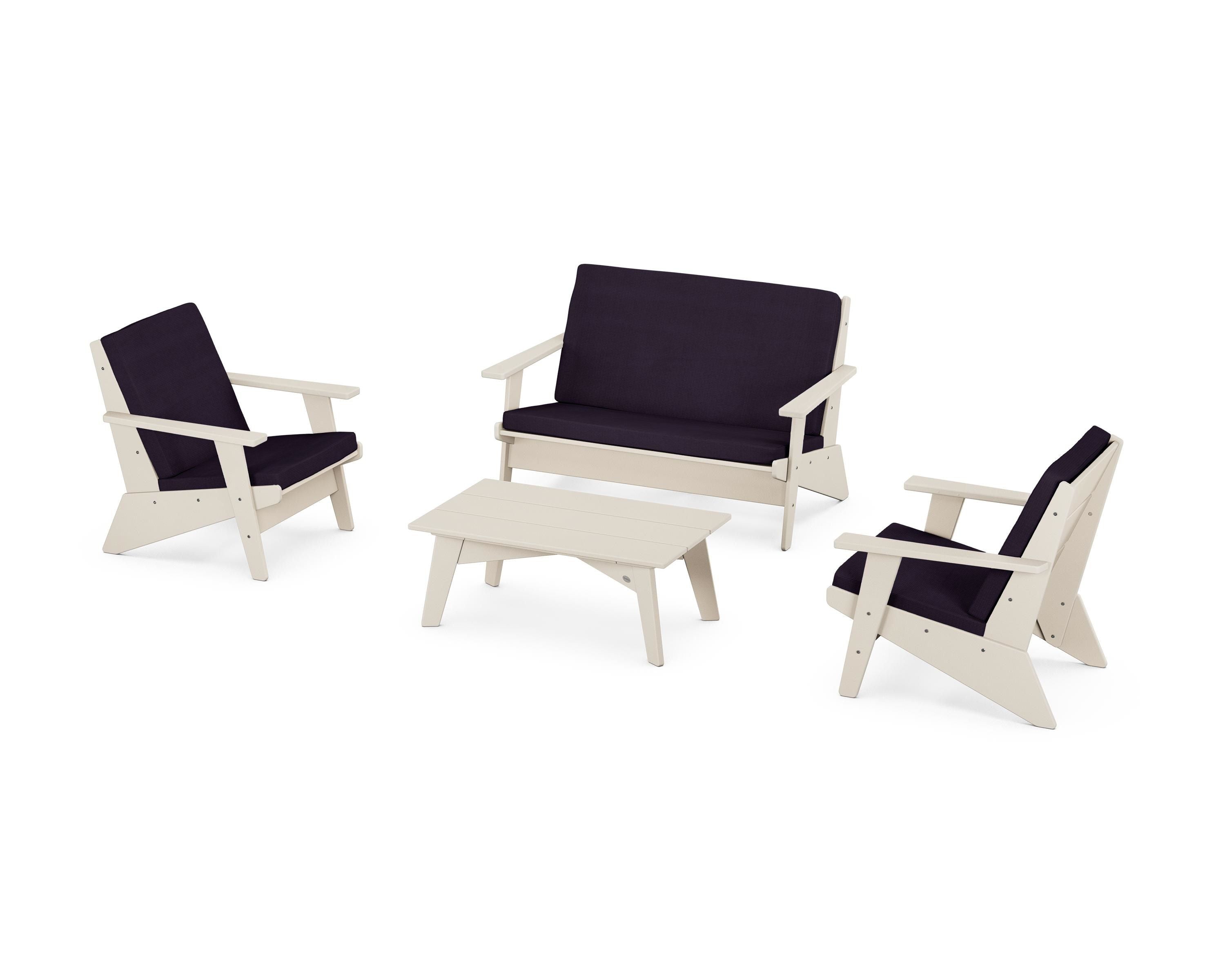 POLYWOOD Riviera Modern Lounge 4-Piece Set in Sand / Navy Linen