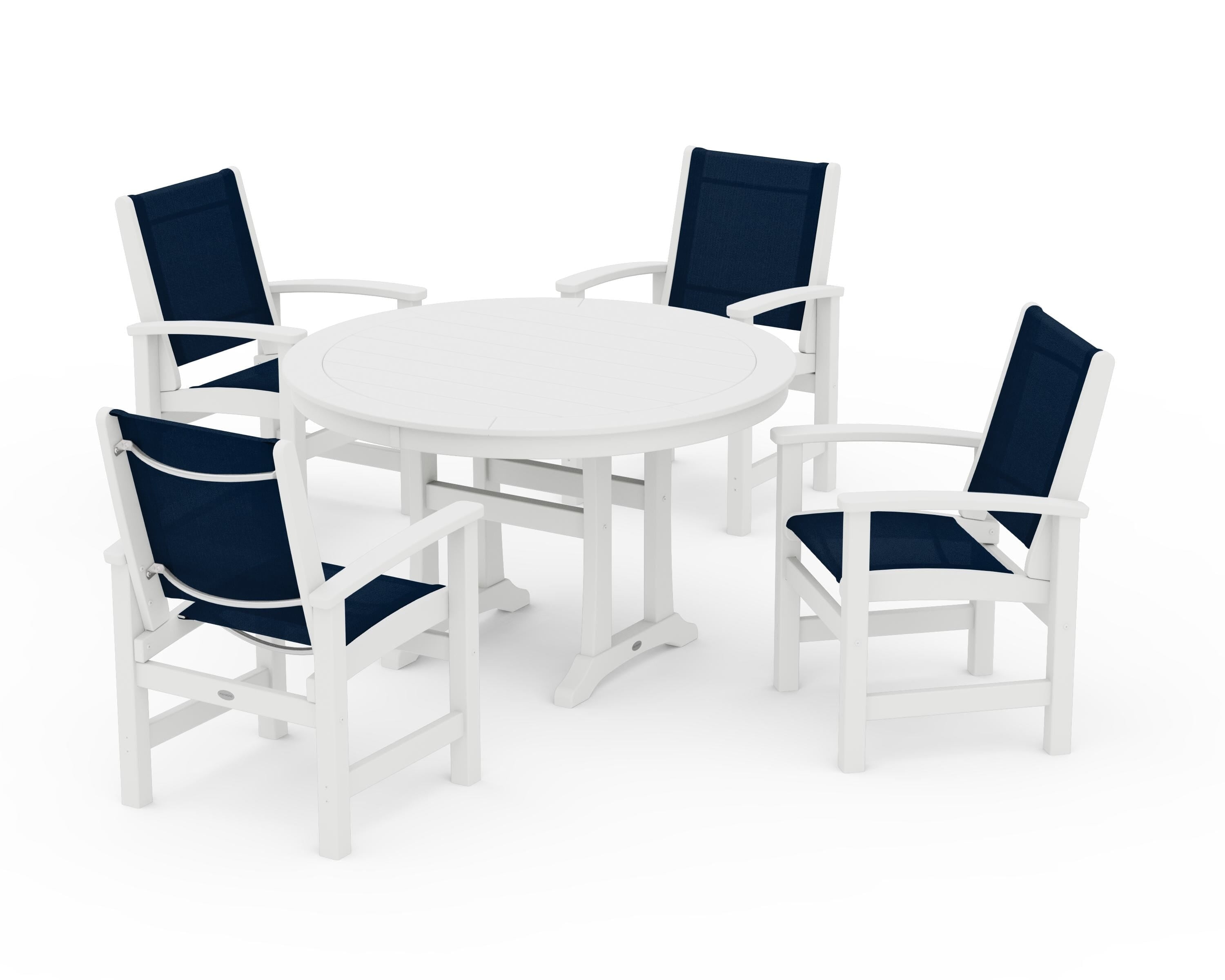 POLYWOOD Coastal 5-Piece Round Dining Set with Trestle Legs in White / Navy Blue Sling
