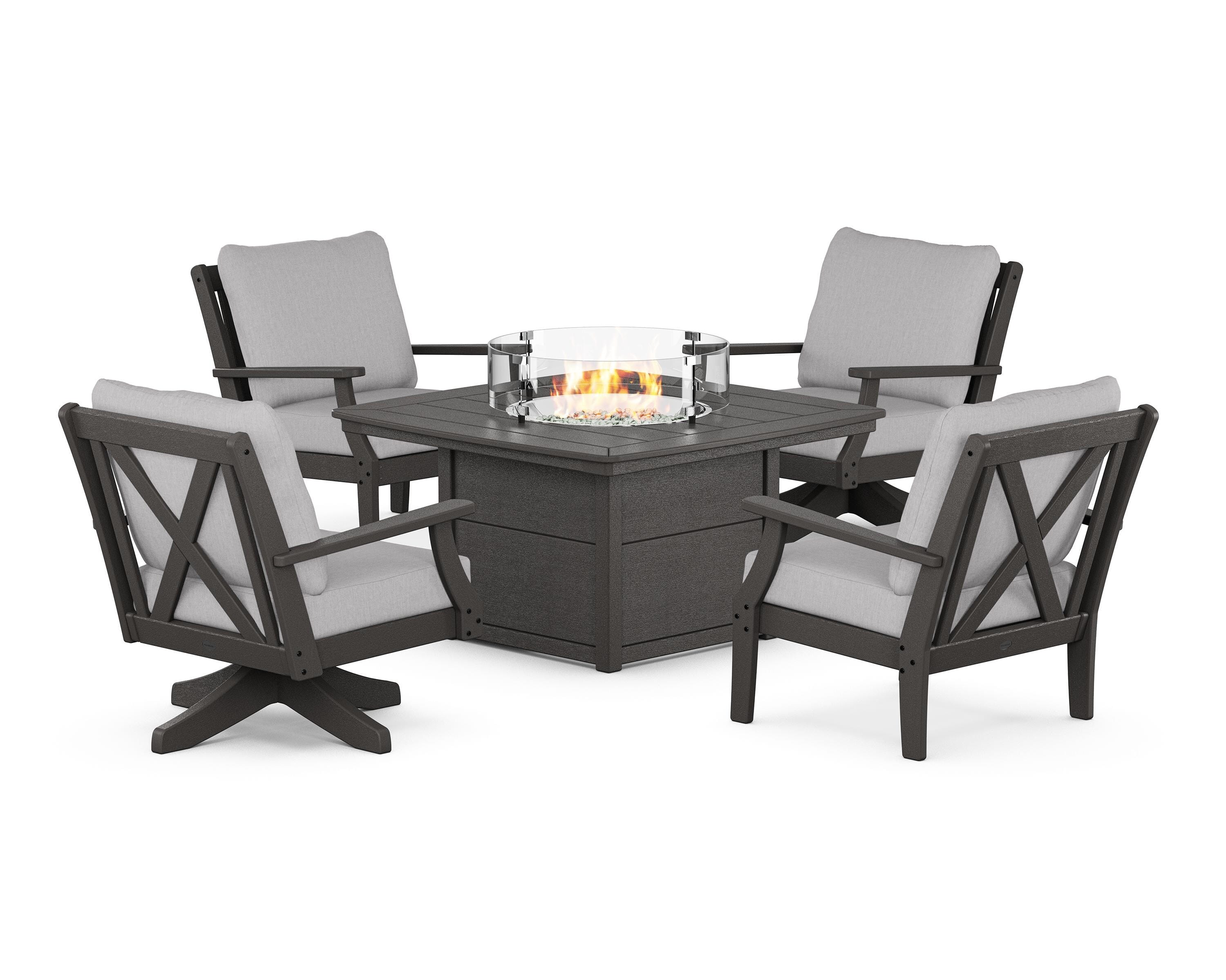 POLYWOOD Braxton 5-Piece Deep Seating Set with Fire Table in Vintage Coffee / Granite