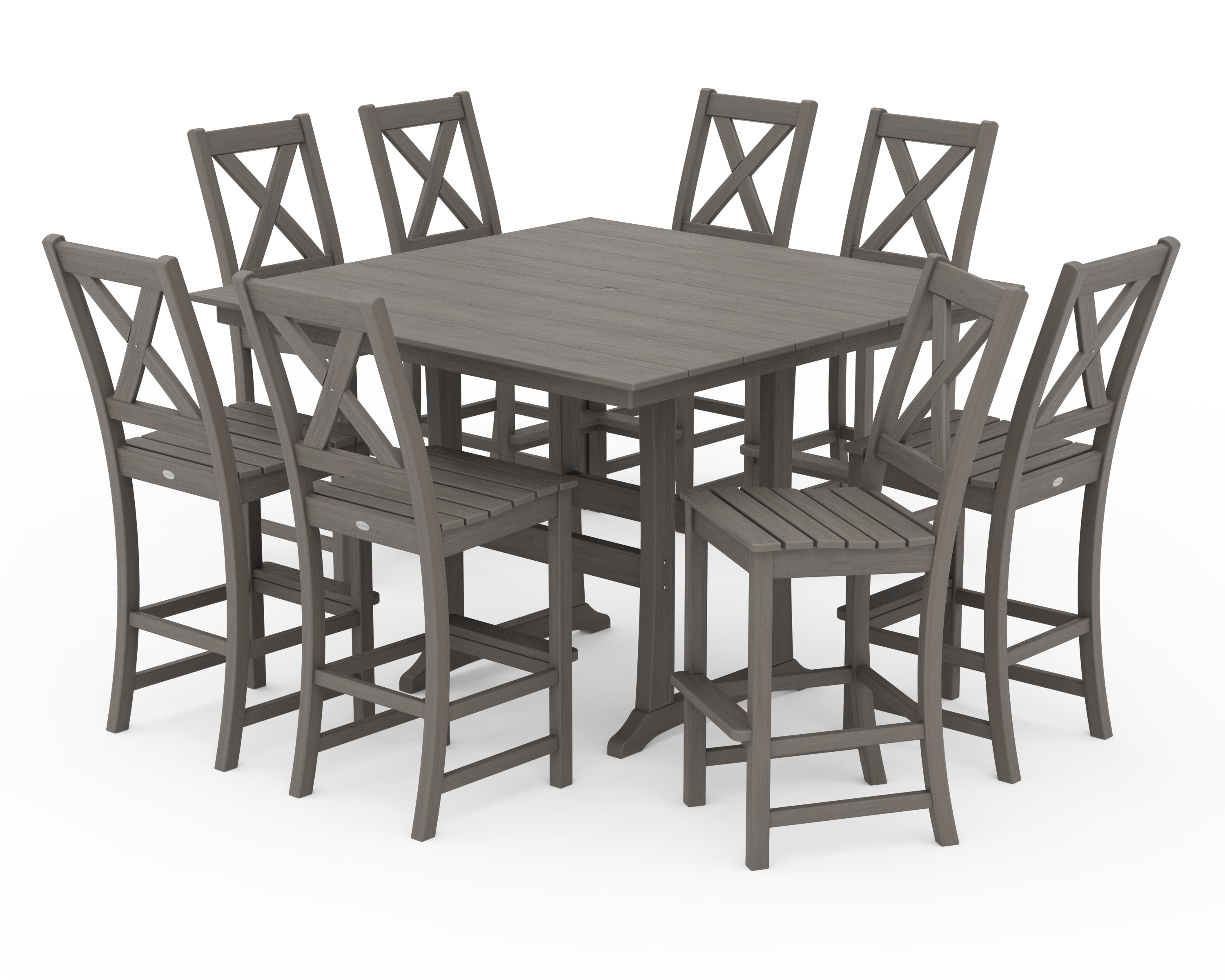 POLYWOOD Braxton 9-Piece Farmhouse Trestle Bar Set in Driftwood