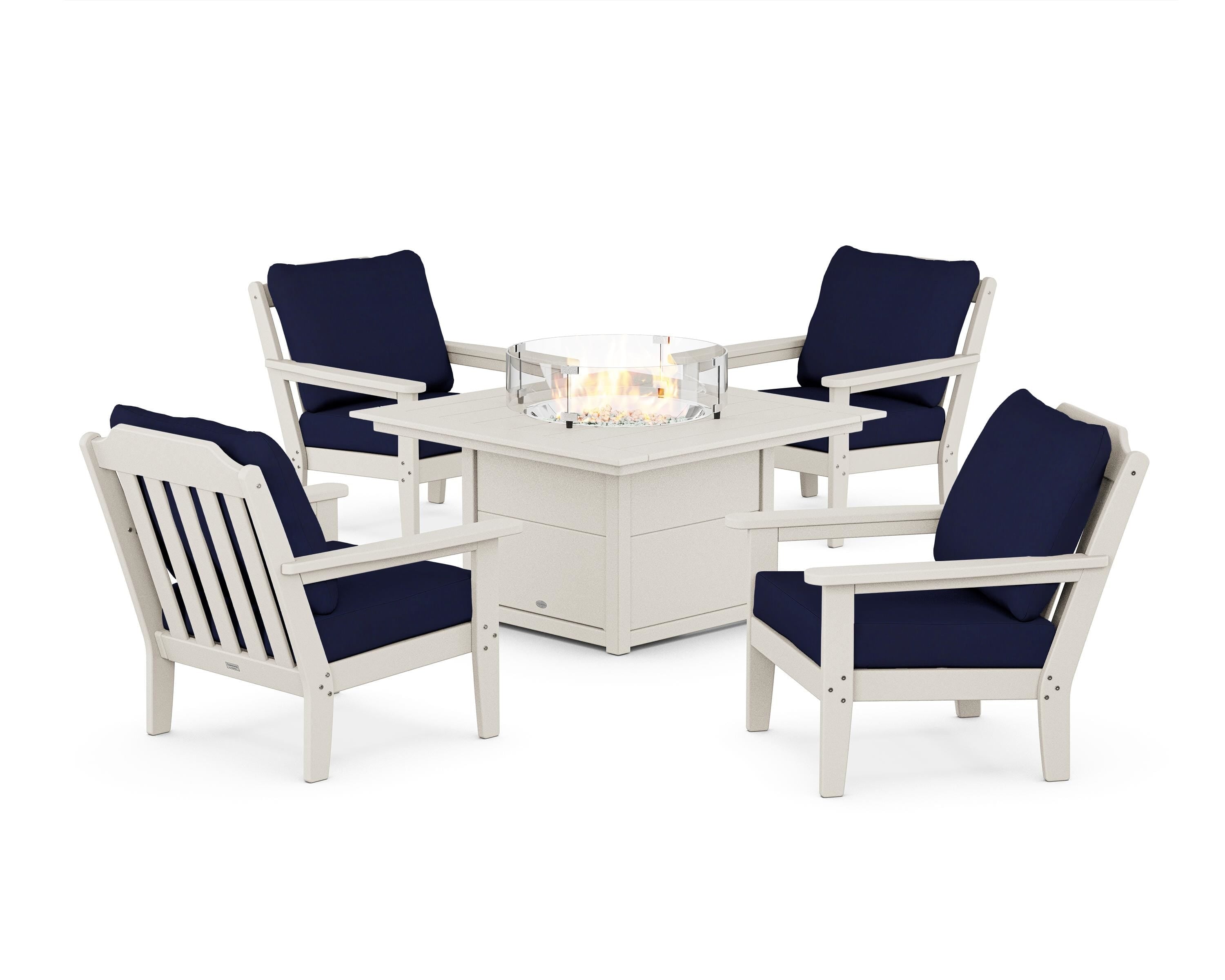 Country Living Cottage 5-Piece Deep Seating Set with Fire Pit Table in Sand / Navy