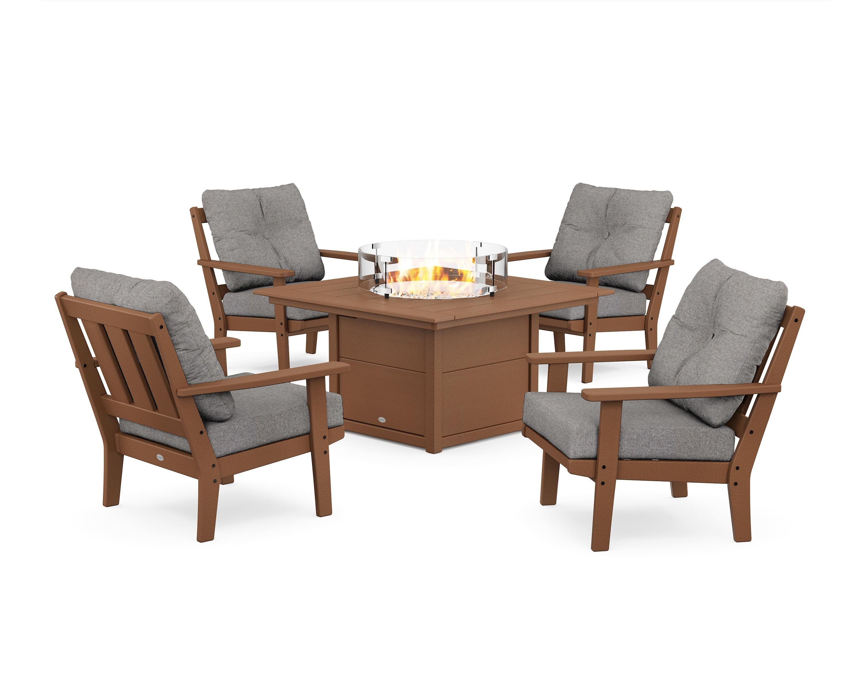POLYWOOD Oxford 5-Piece Deep Seating Set with Fire Pit Table in Teak / Grey Mist