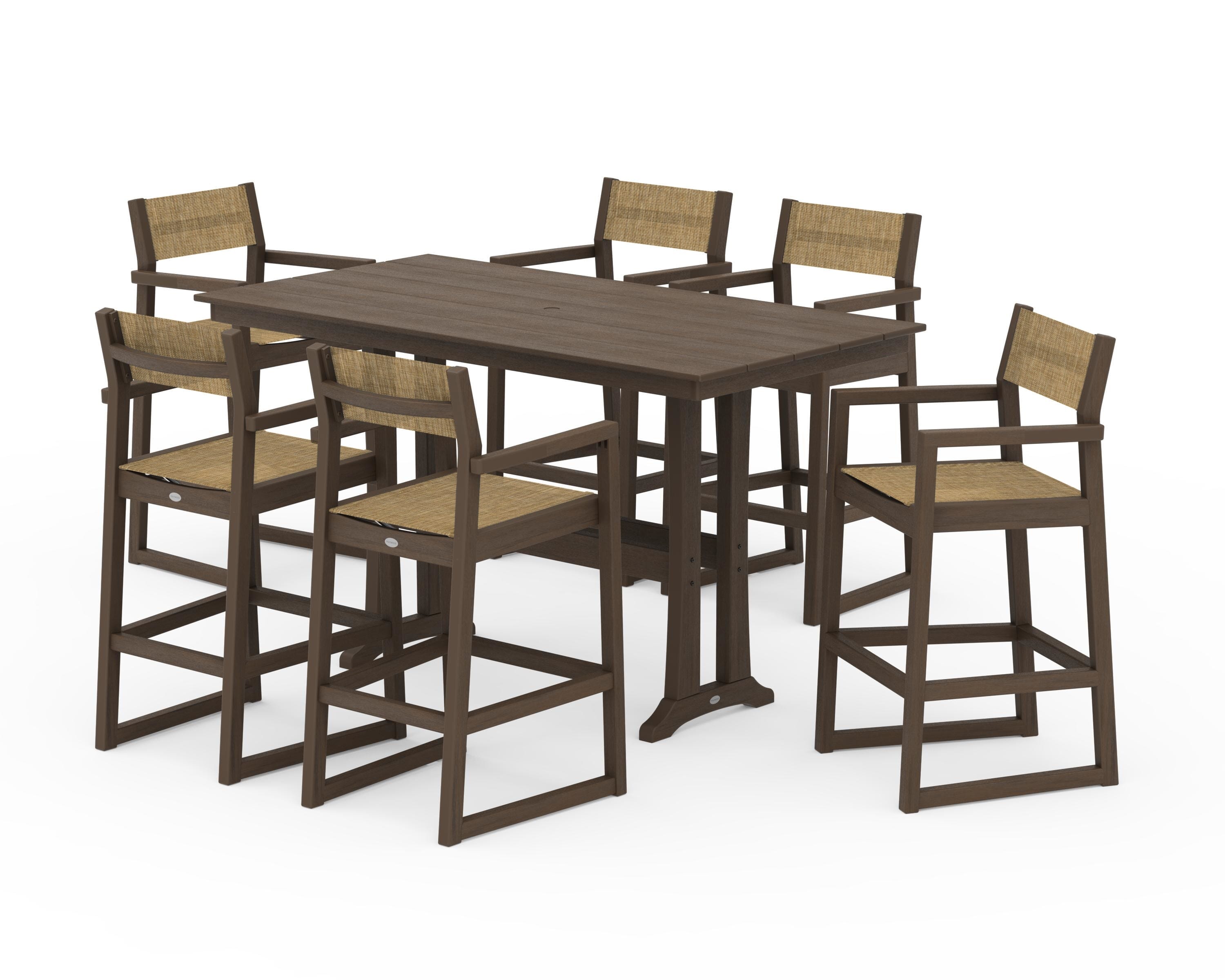 POLYWOOD EDGE Sling Arm Chair 7-Piece Farmhouse Bar Set with Trestle Legs in Kona / Burlap Sling