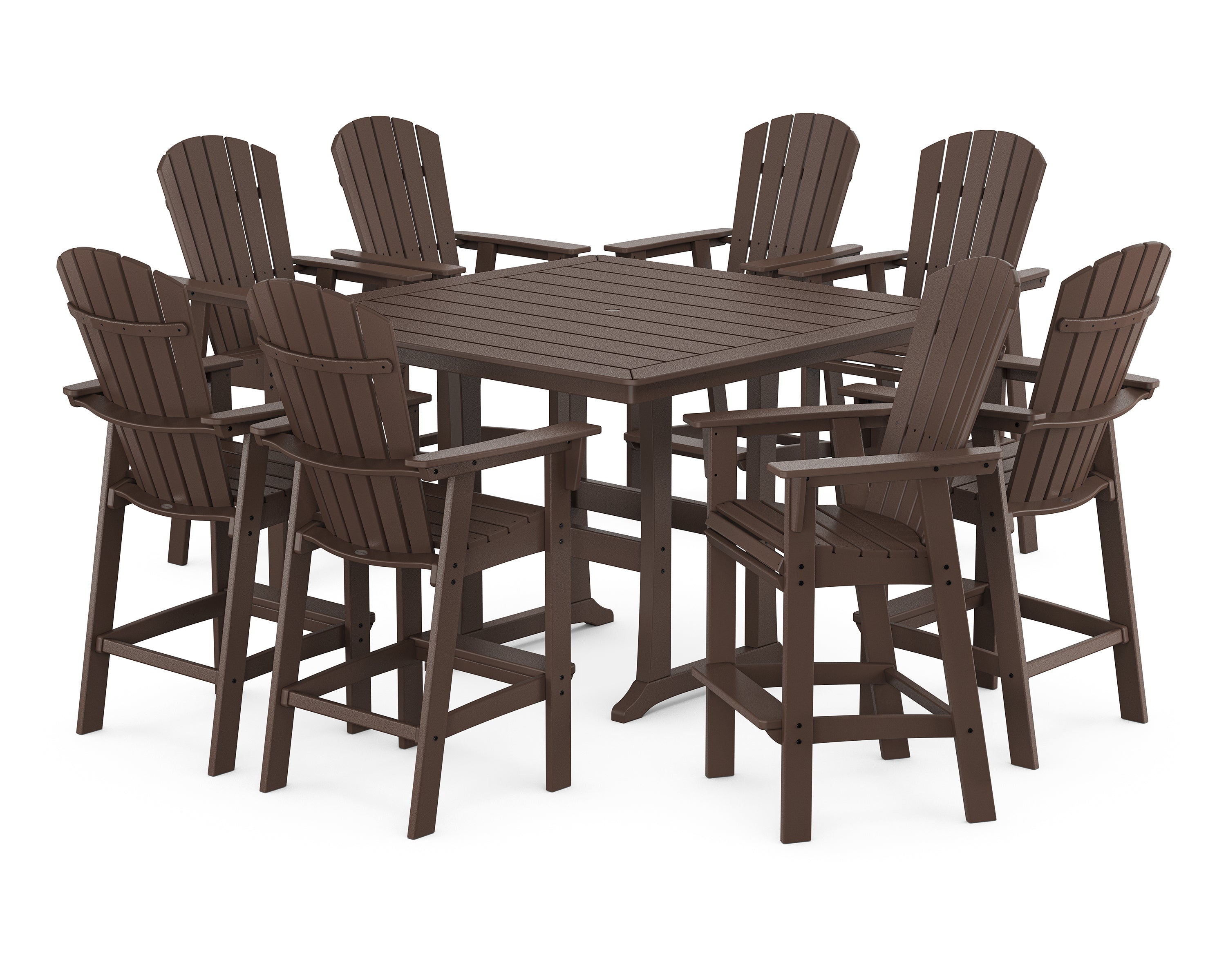 POLYWOOD® Nautical Curveback Adirondack 9-Piece Trestle Bar Set in Mahogany