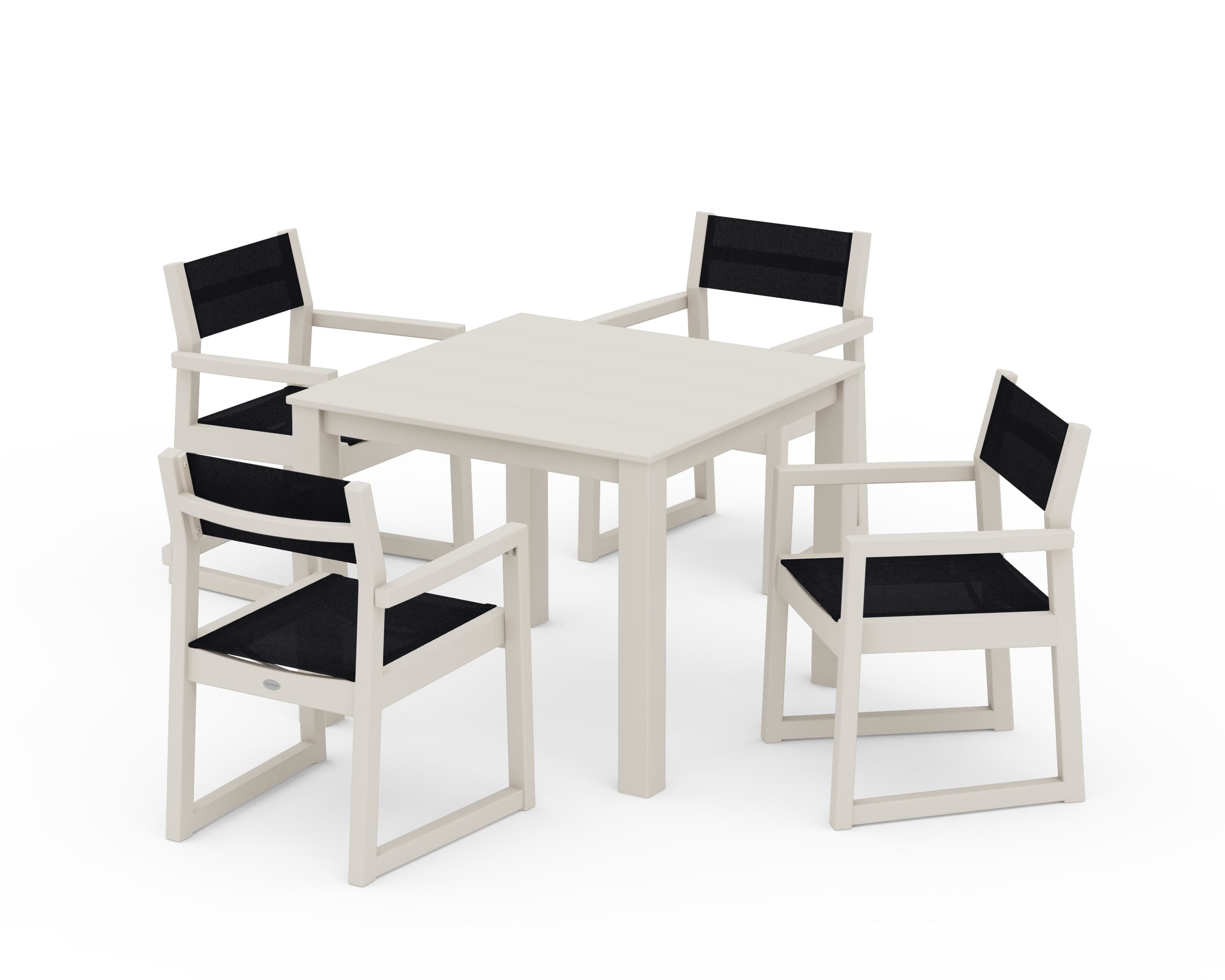 POLYWOOD EDGE Sling Arm Chair 5-Piece Parsons Dining Set in Sand / Black Sling