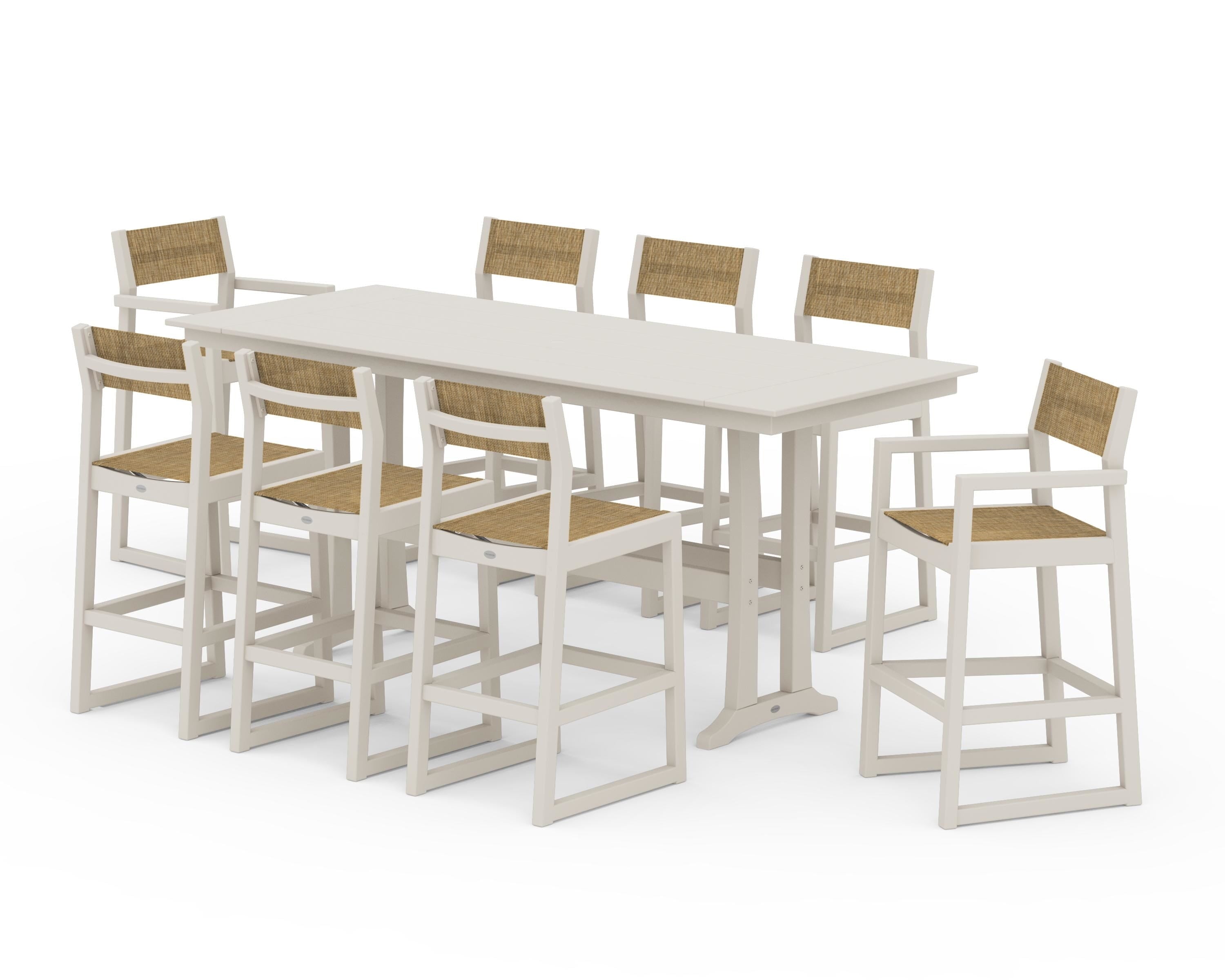 POLYWOOD EDGE Sling 9-Piece Farmhouse Bar Set with Trestle Legs in Sand / Burlap Sling