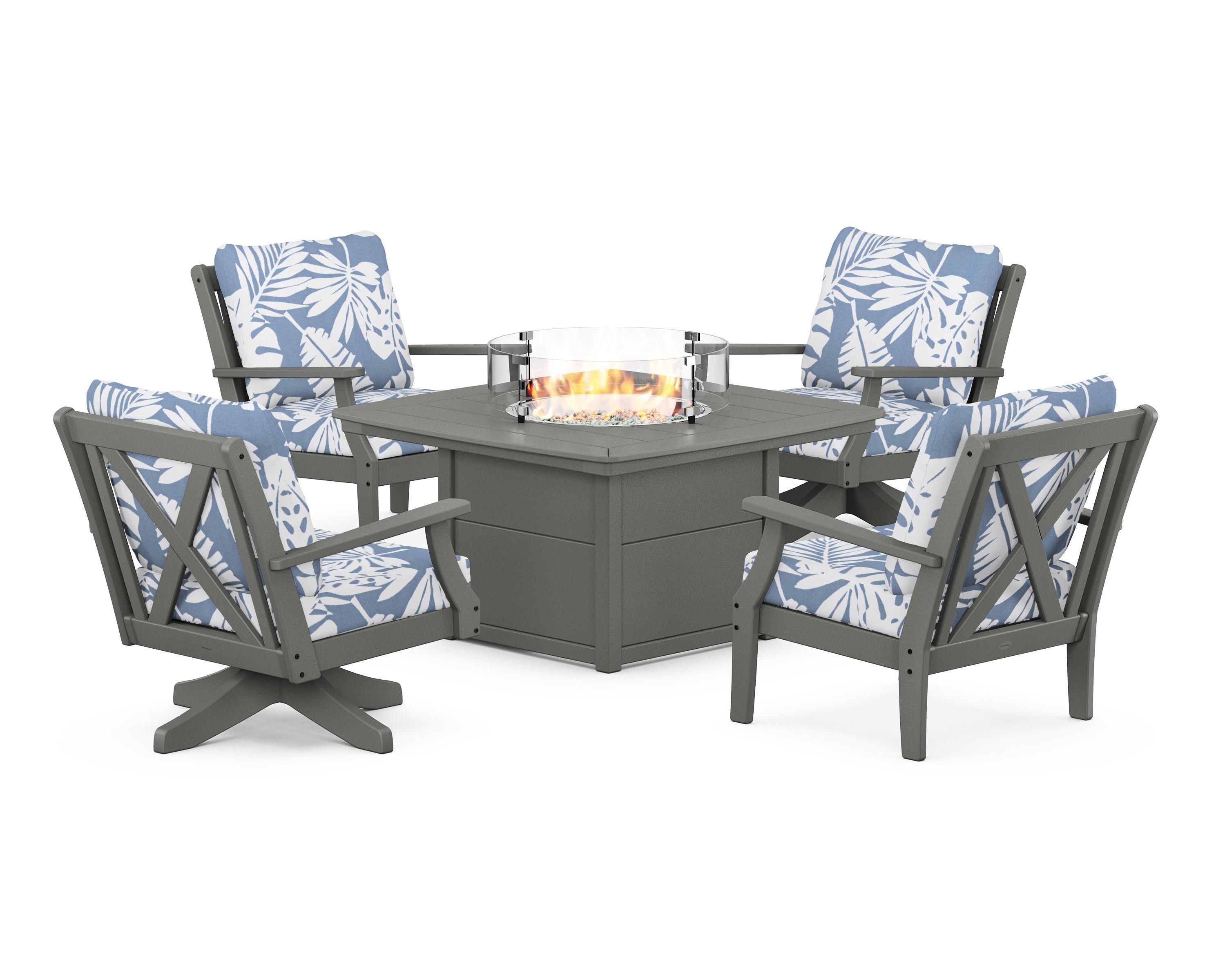 POLYWOOD Braxton 5-Piece Deep Seating Set with Fire Table in Slate Grey / Leaf Sky Blue