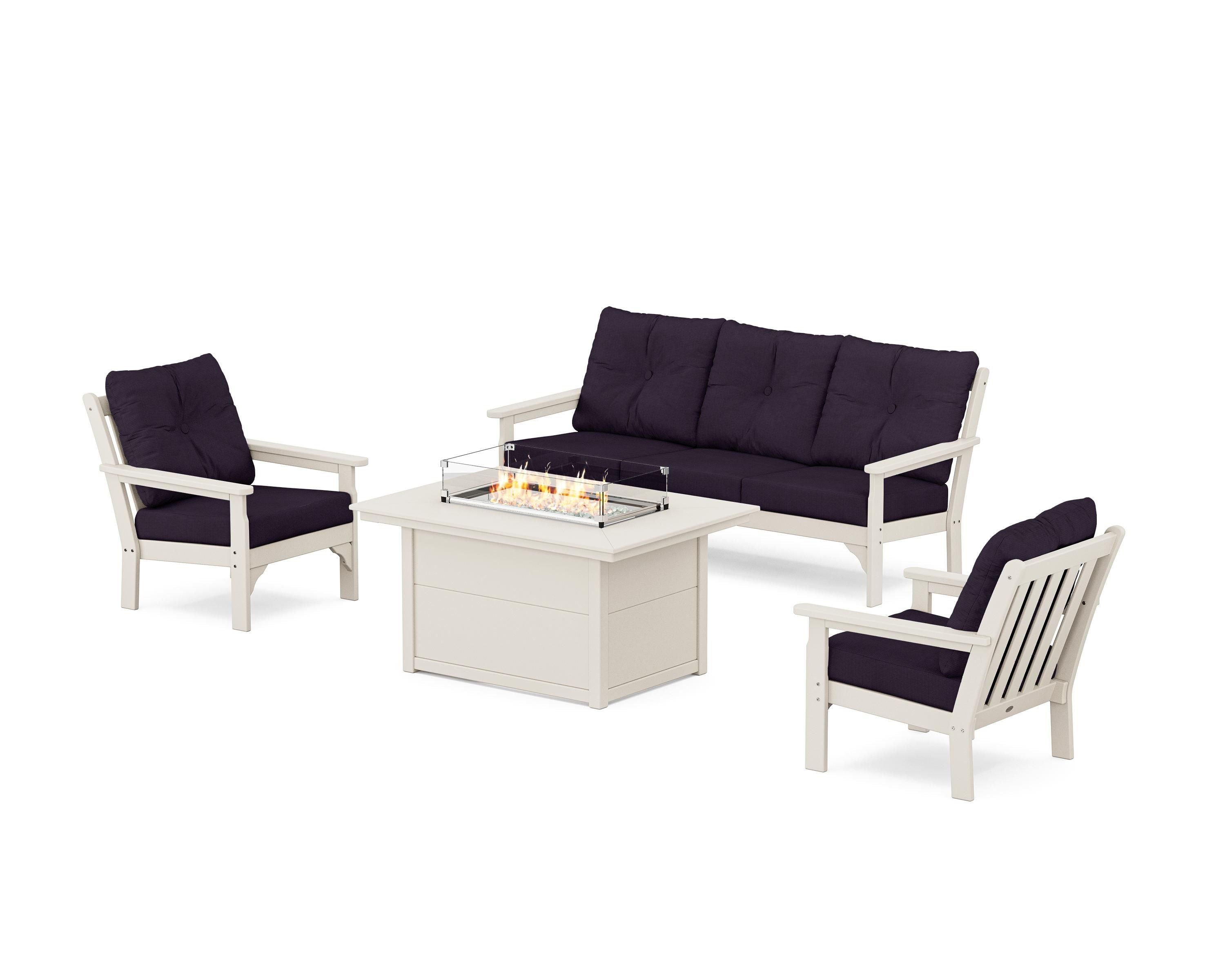 POLYWOOD Vineyard Deep Seating Fire Pit Table Set in Sand / Navy Linen
