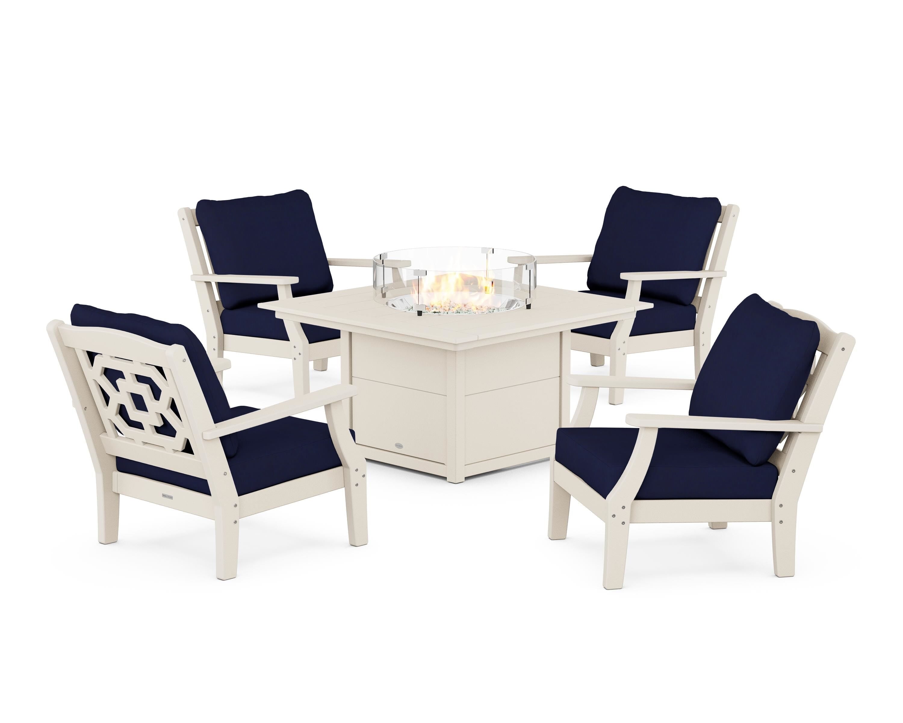 Martha Stewart by POLYWOOD Chinoiserie 5-Piece Deep Seating Set with Fire Pit Table in Sand / Navy
