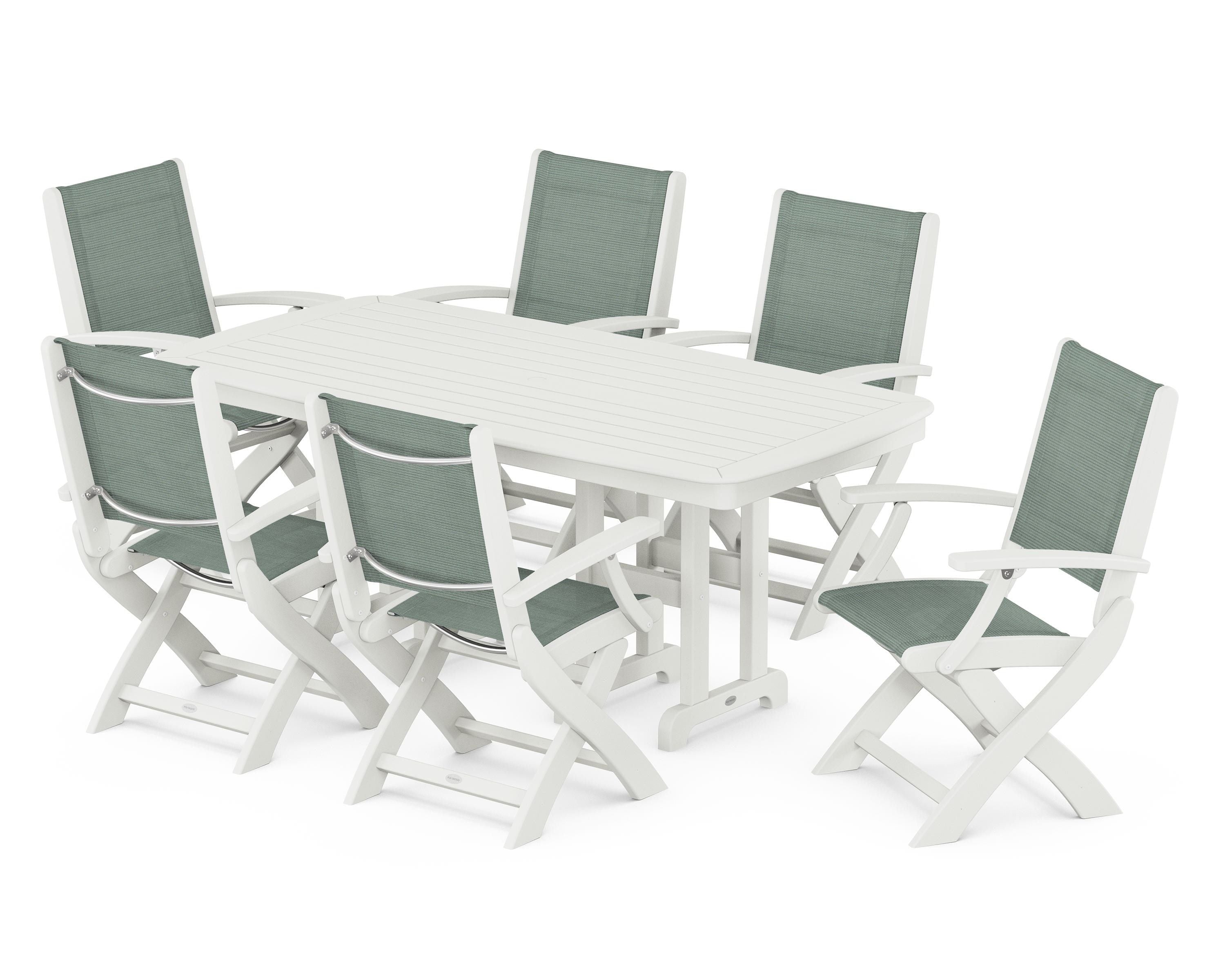 POLYWOOD Coastal Folding Arm Chair 7-Piece Dining Set in Vintage White / Dupioni Sea Mist Sling