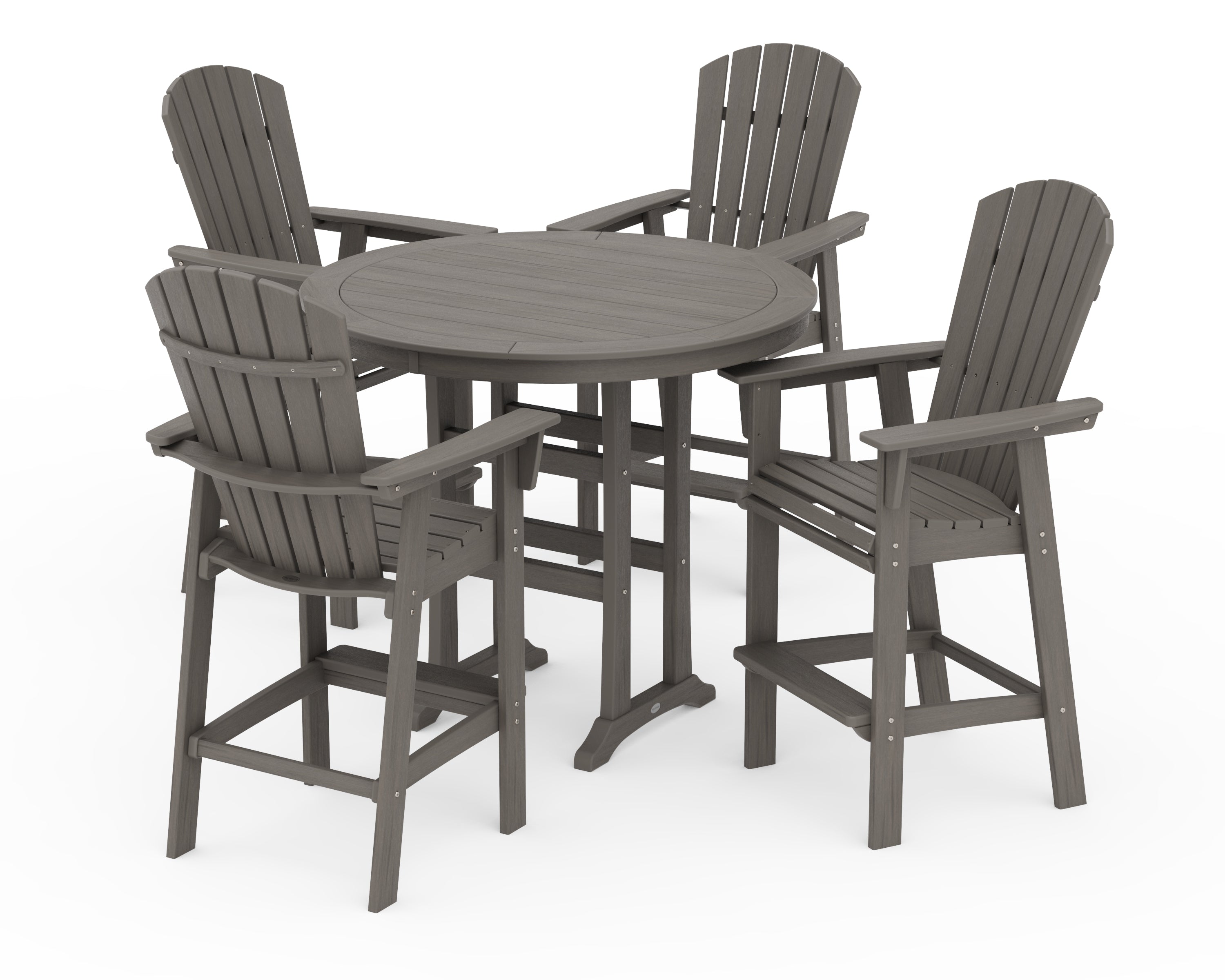 POLYWOOD Nautical Curveback Adirondack 5-Piece Round Trestle Bar Set in Driftwood