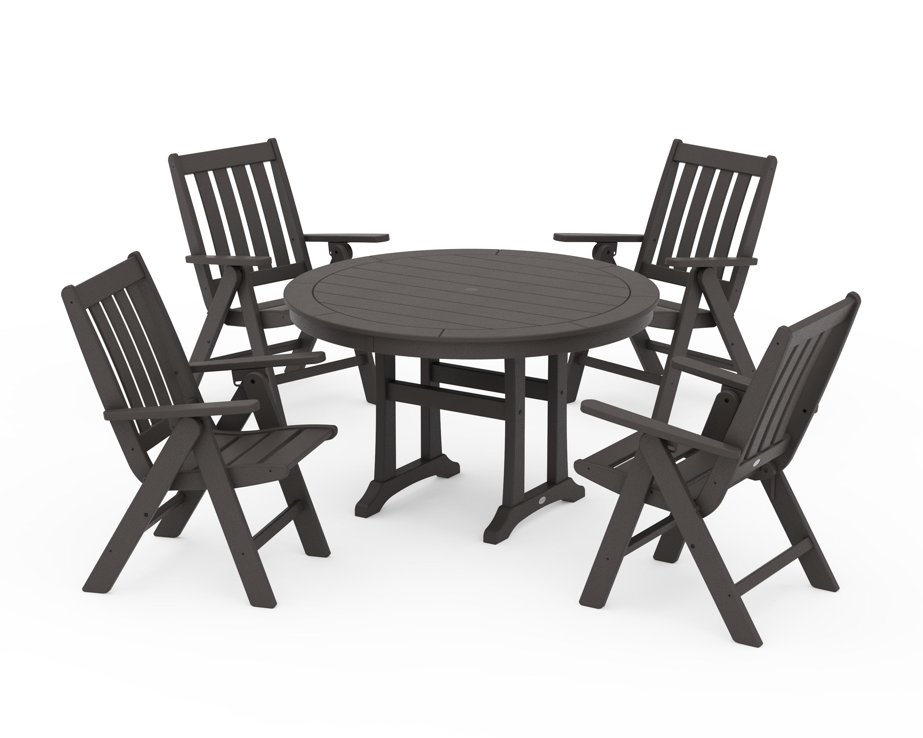 POLYWOOD Vineyard Folding Chair 5-Piece Round Dining Set with Trestle Legs in Vintage Coffee
