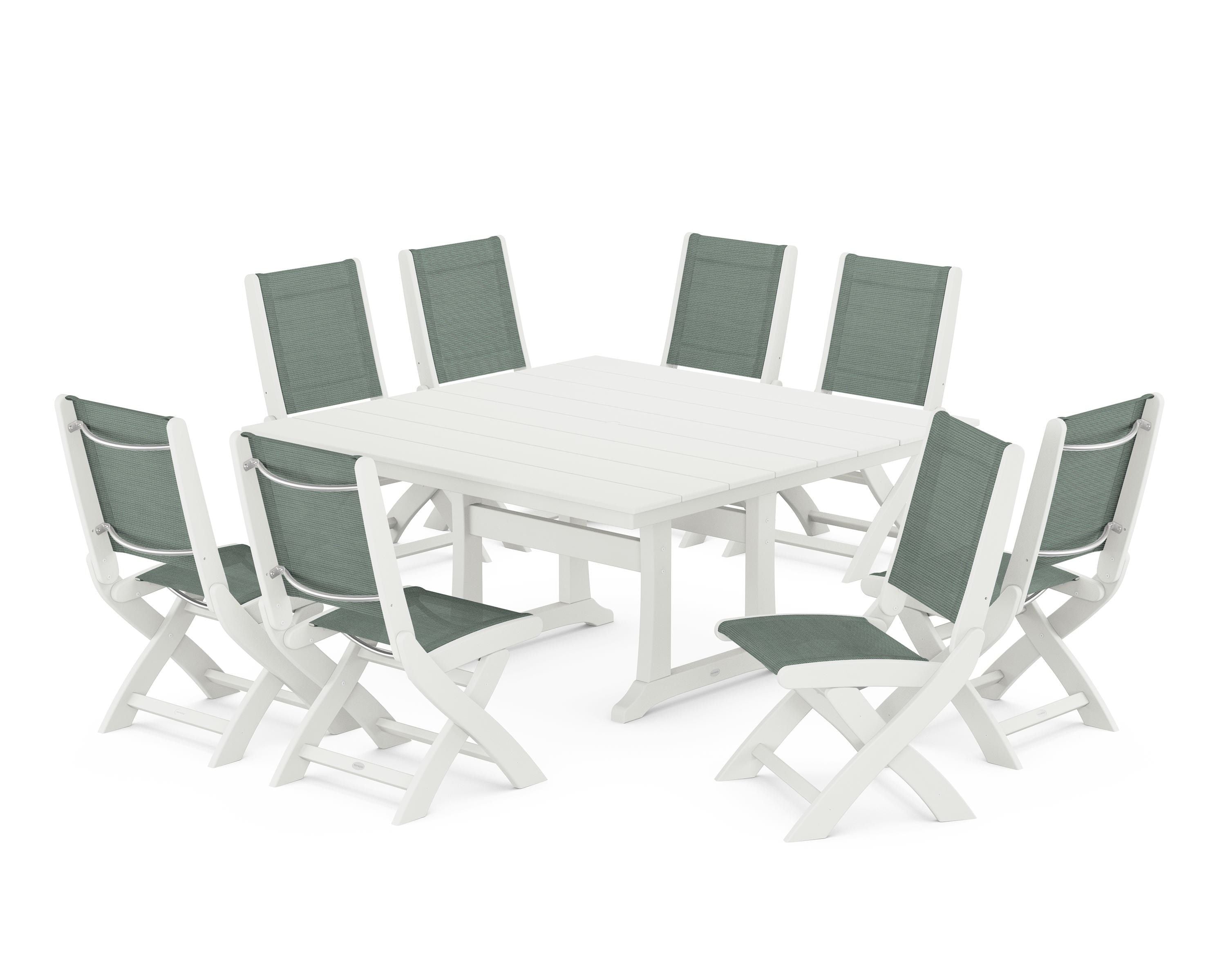 POLYWOOD Coastal Folding Side Chair 9-Piece Farmhouse Dining Set in Vintage White / Dupioni Sea Mist Sling