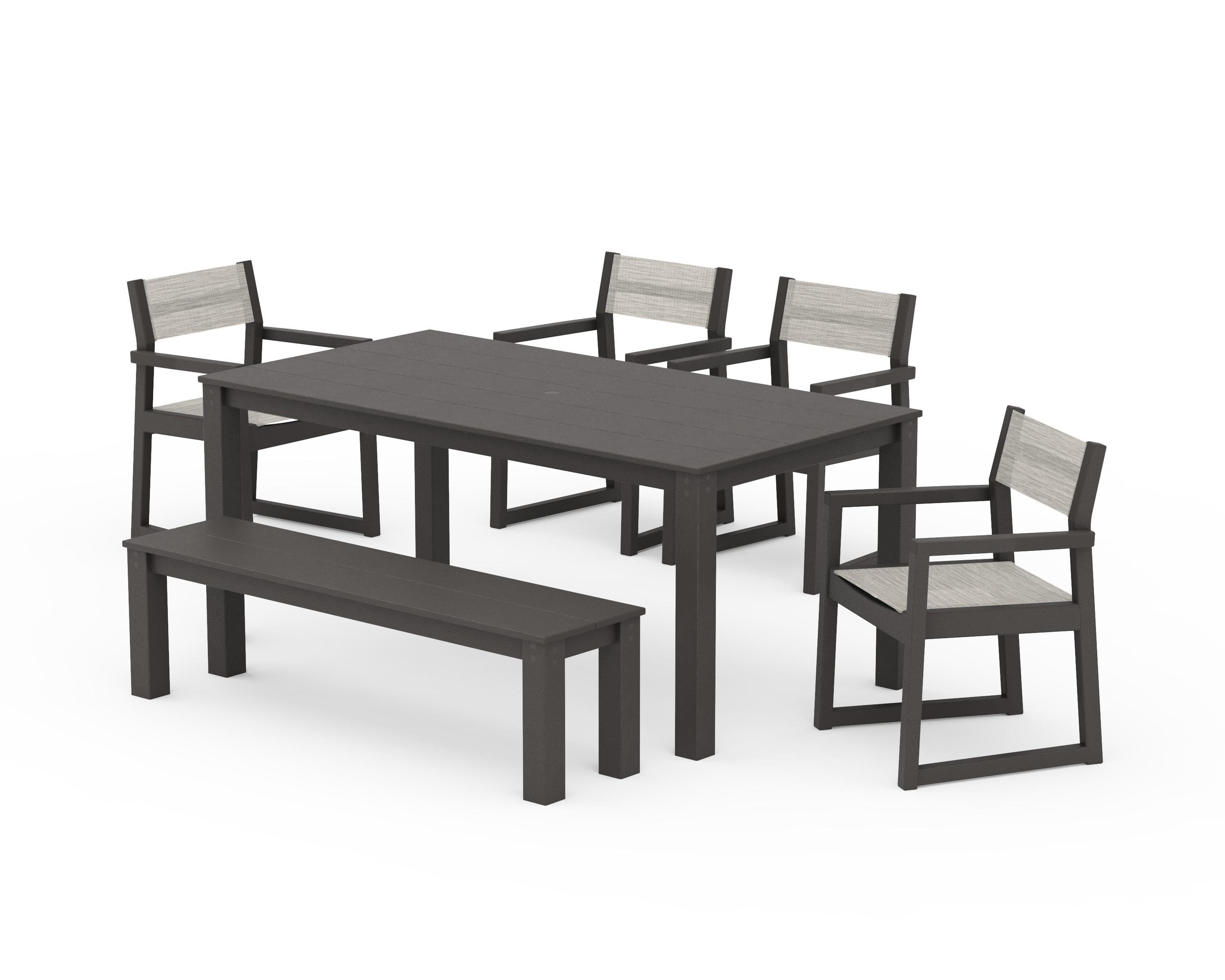 POLYWOOD EDGE Sling Arm Chair 6-Piece Parsons Dining Set with Bench in Vintage Coffee / Birch Sling