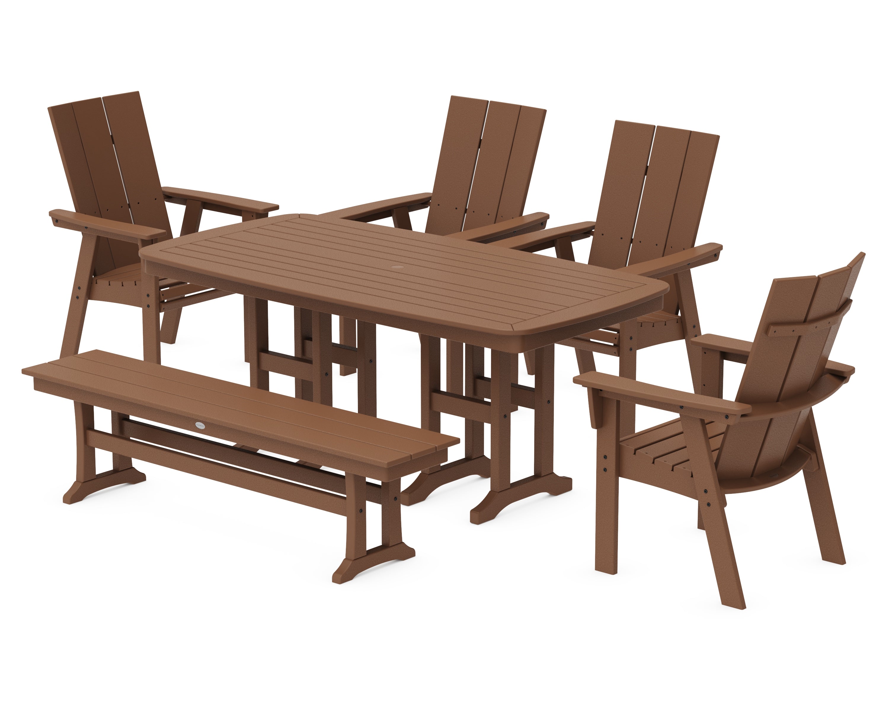 POLYWOOD Modern Curveback Adirondack 6-Piece Dining Set with Bench in Teak