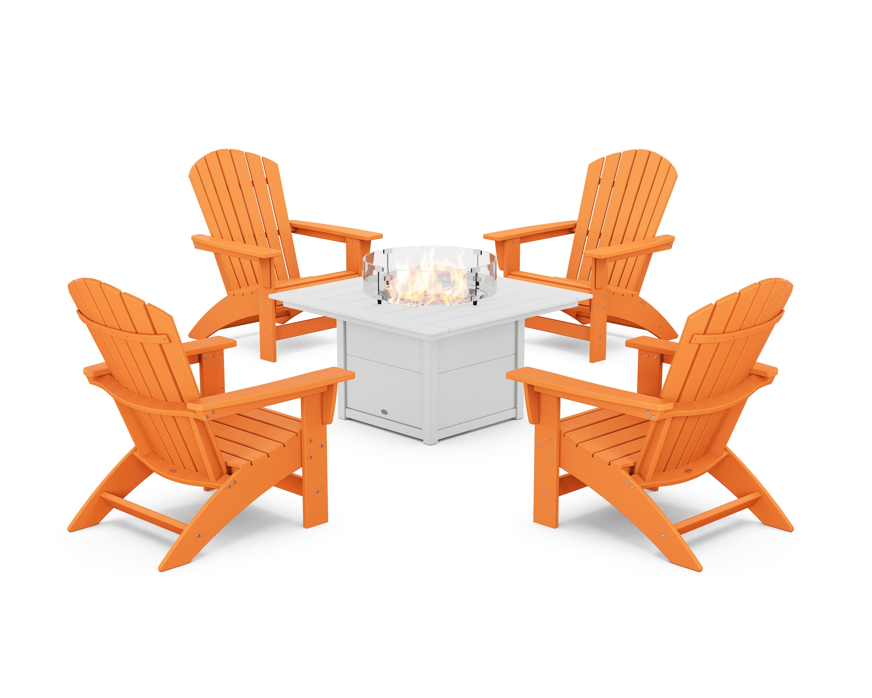 POLYWOOD 5-Piece Nautical Grand Adirondack Conversation Set with Fire Pit Table in Tangerine / White