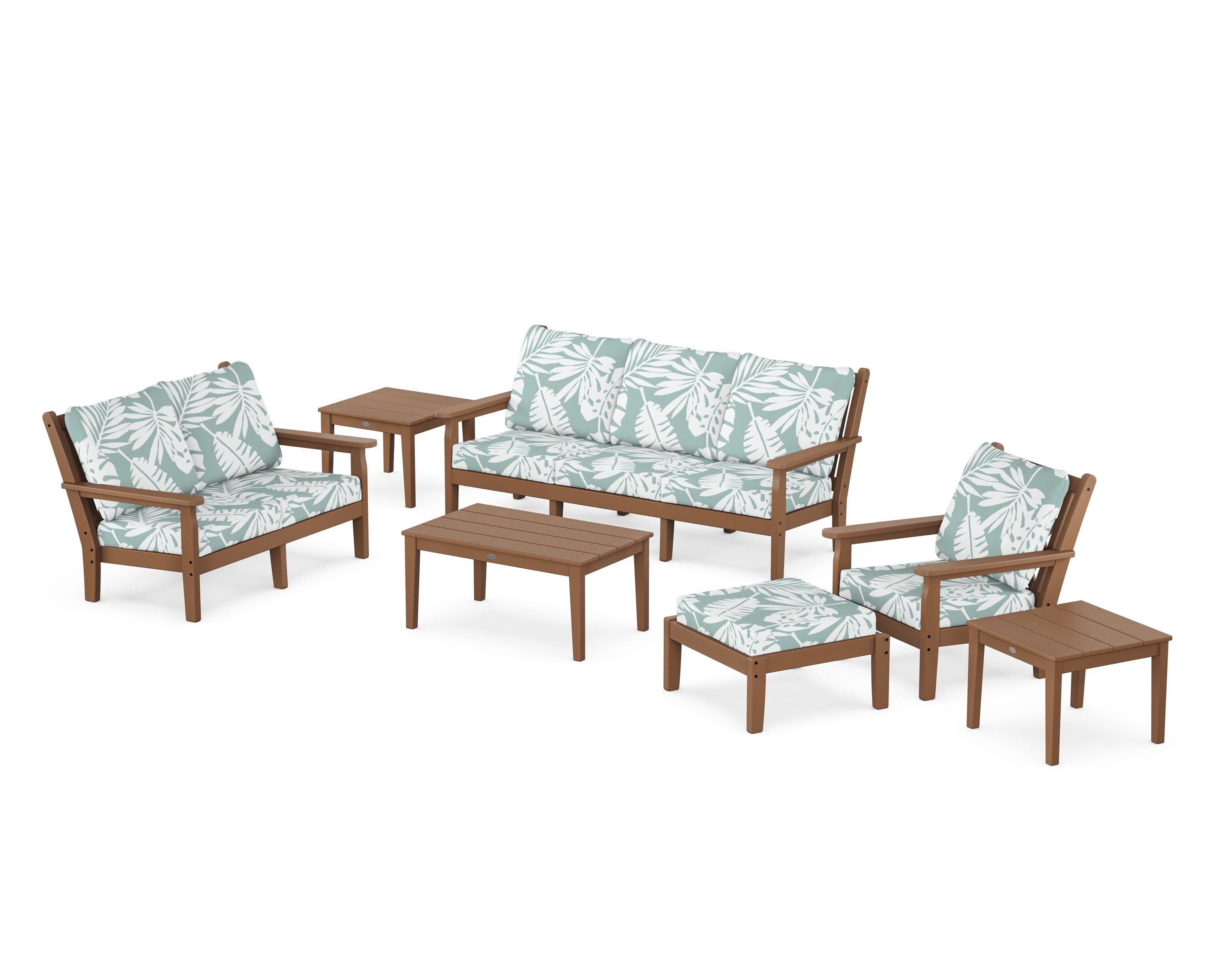 POLYWOOD Chippendale 7-Piece Deep Seating Set in Teak / Leaf Glacier Spa