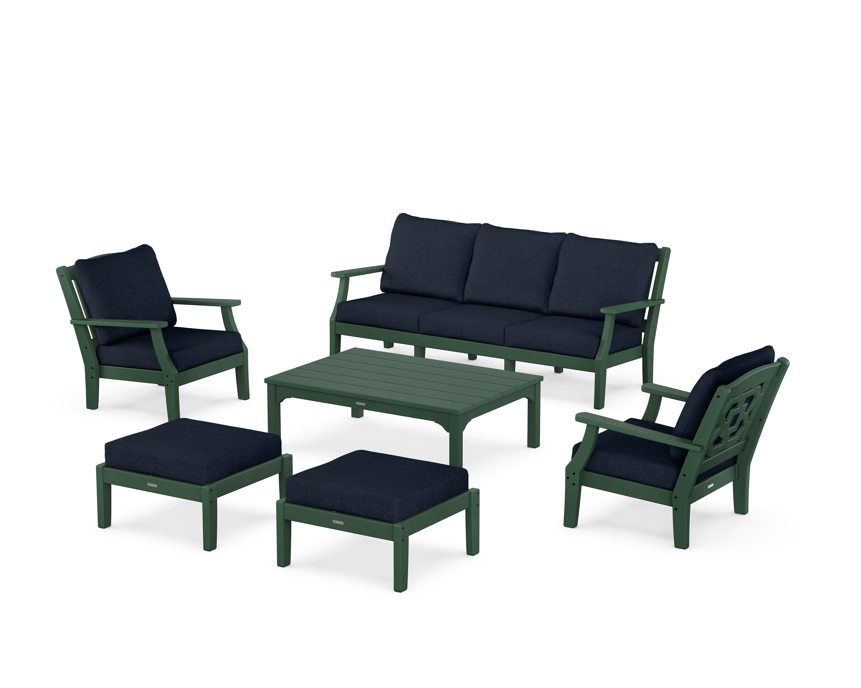 Martha Stewart by POLYWOOD Chinoiserie 6-Piece Lounge Sofa Set in Green / Marine Indigo