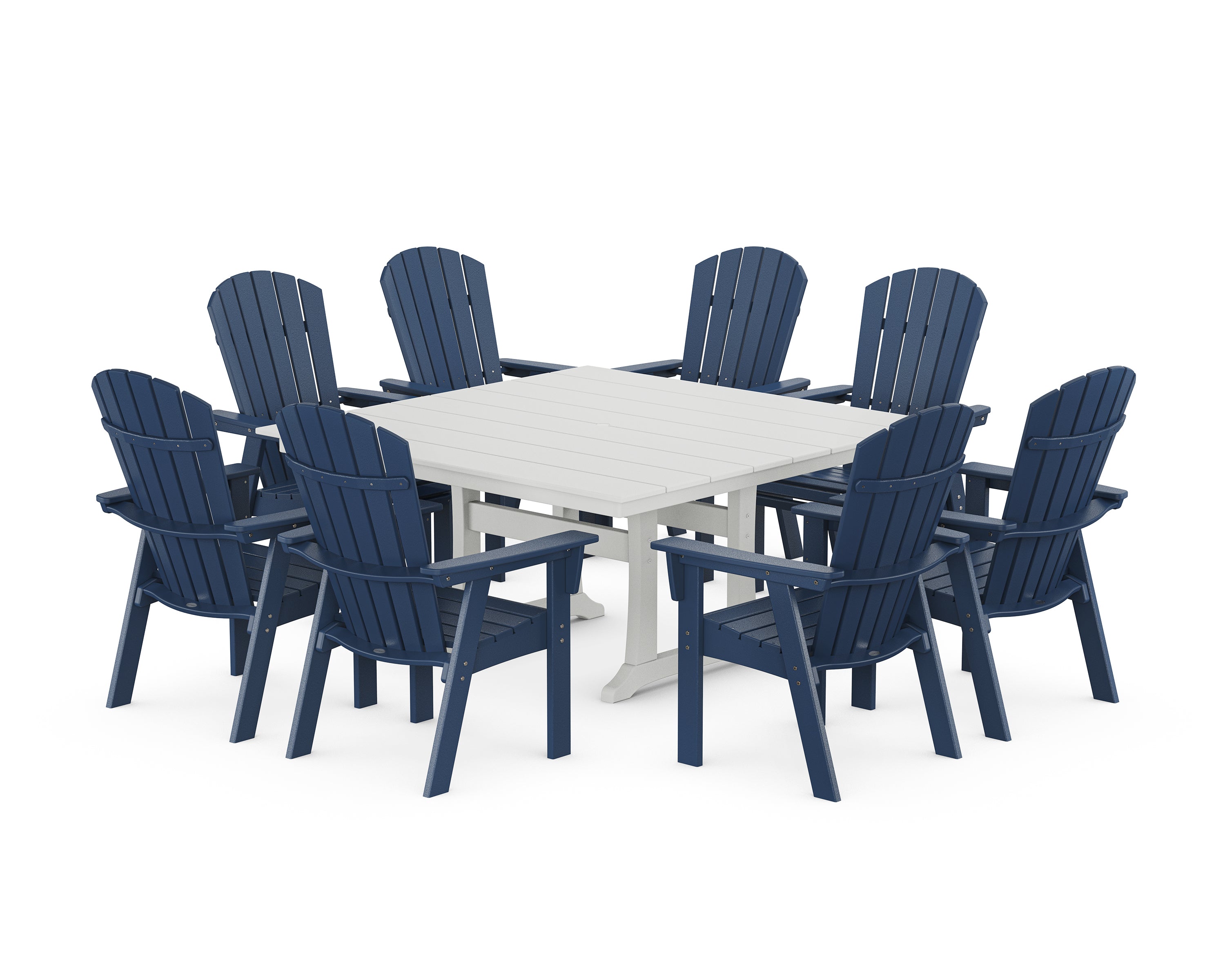 POLYWOOD Nautical Curveback Adirondack 9-Piece Square Dining Set with Trestle Legs in Navy / White