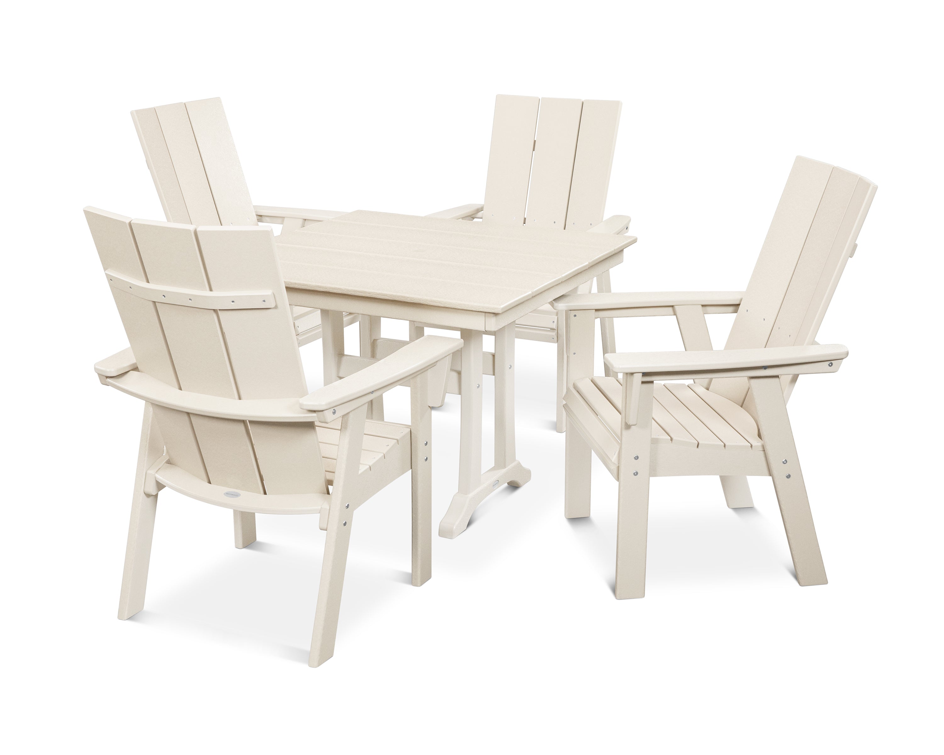 POLYWOOD® Modern Curveback Adirondack 5-Piece Farmhouse Trestle Dining Set in Sand