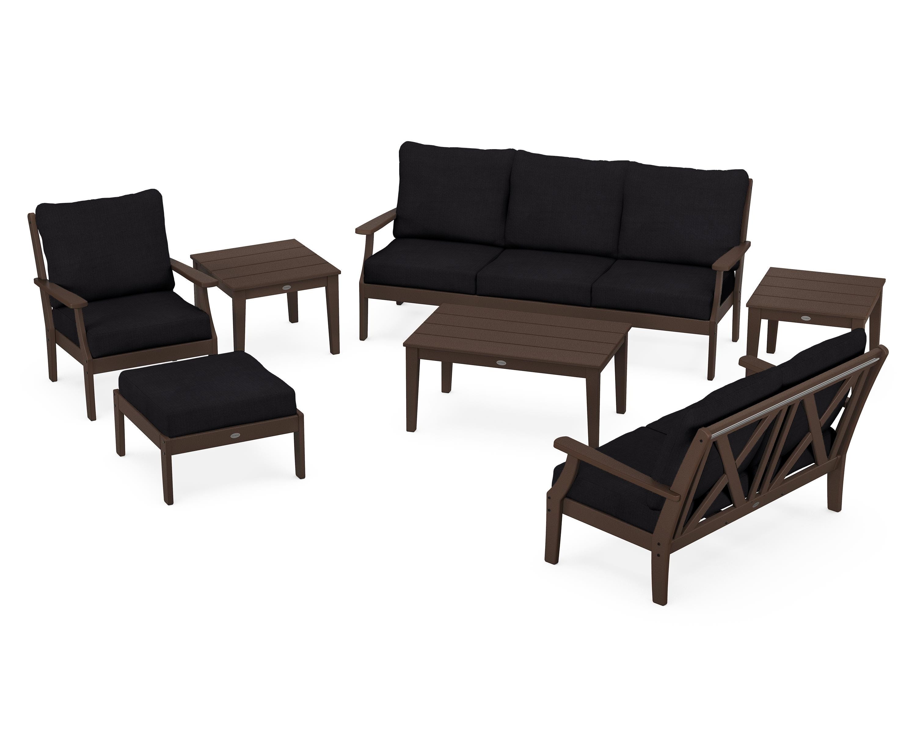 POLYWOOD Braxton 7-Piece Deep Seating Set in Mahogany / Midnight Linen