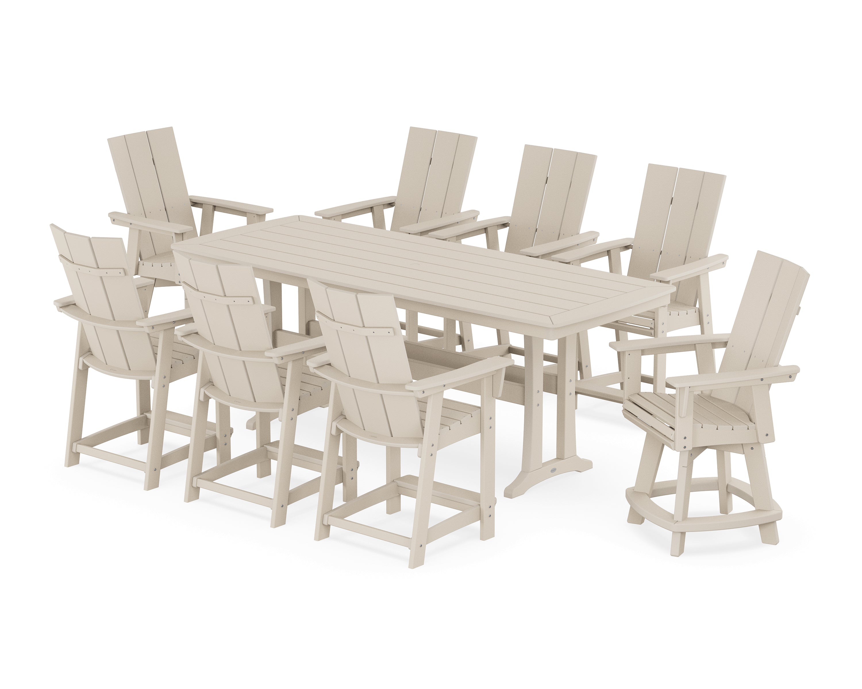 POLYWOOD Modern Curveback Adirondack Swivel 9-Piece Counter Set with Trestle Legs in Sand