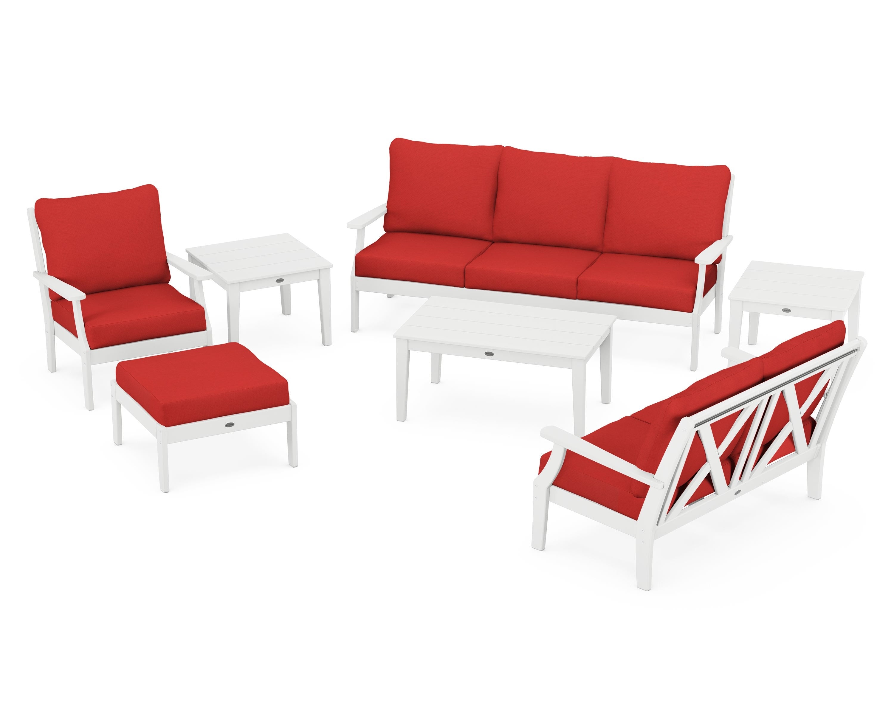 POLYWOOD Braxton 7-Piece Deep Seating Set in White / Crimson Linen