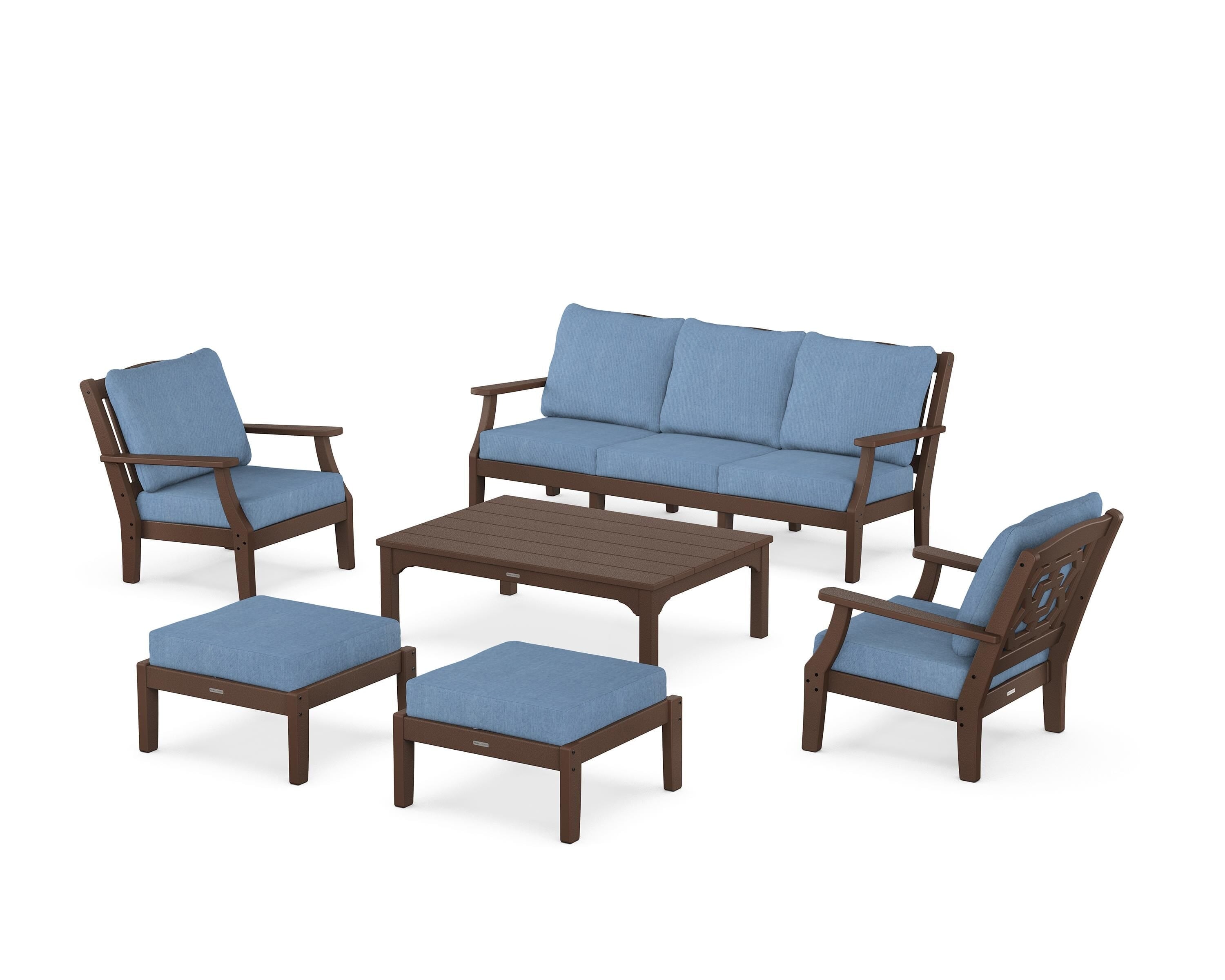 Martha Stewart by POLYWOOD Chinoiserie 6-Piece Lounge Sofa Set in Mahogany / Sky Blue