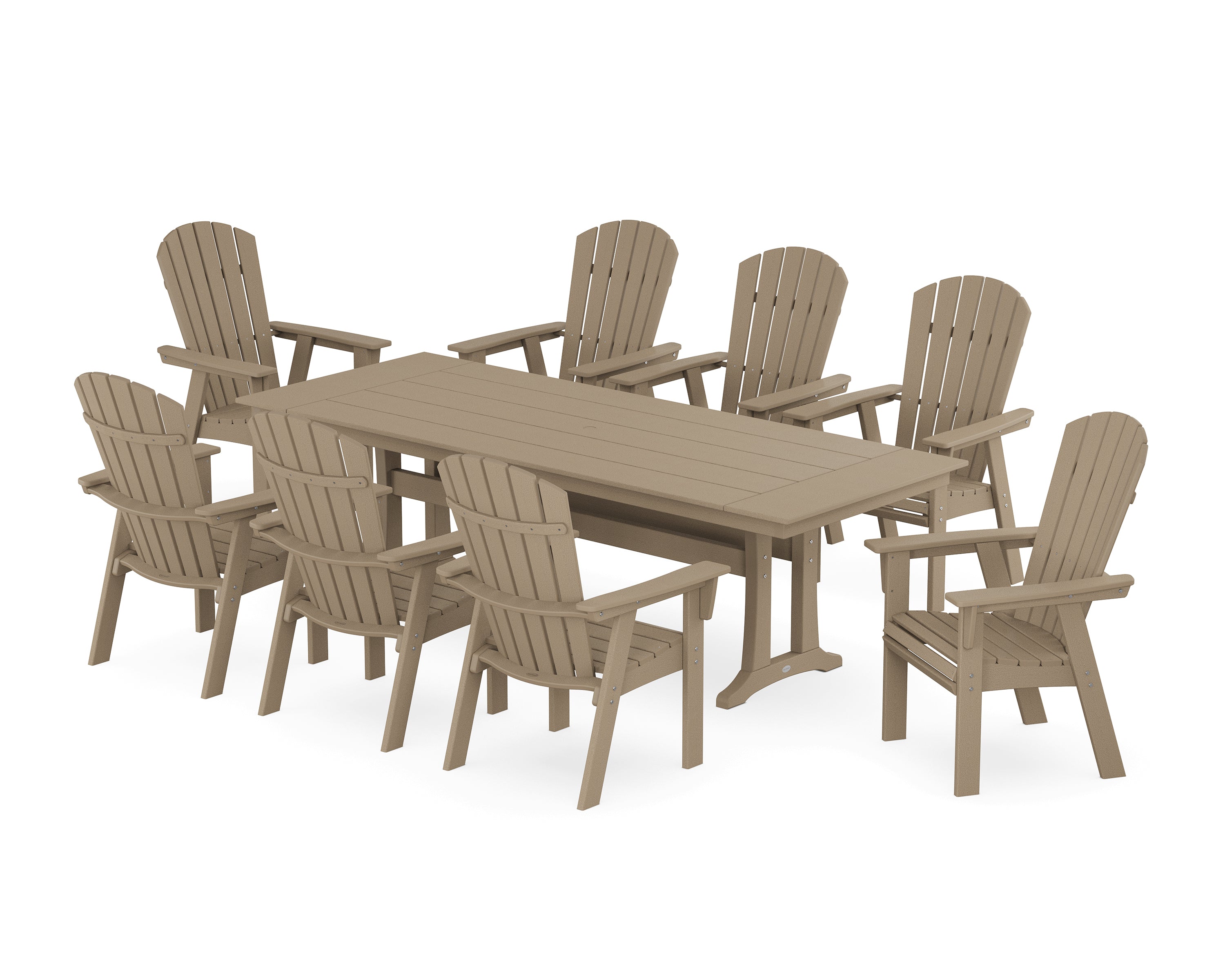 POLYWOOD Nautical 9-Piece Curveback Adirondack Farmhouse Dining Set with Trestle Legs in Vintage Sahara