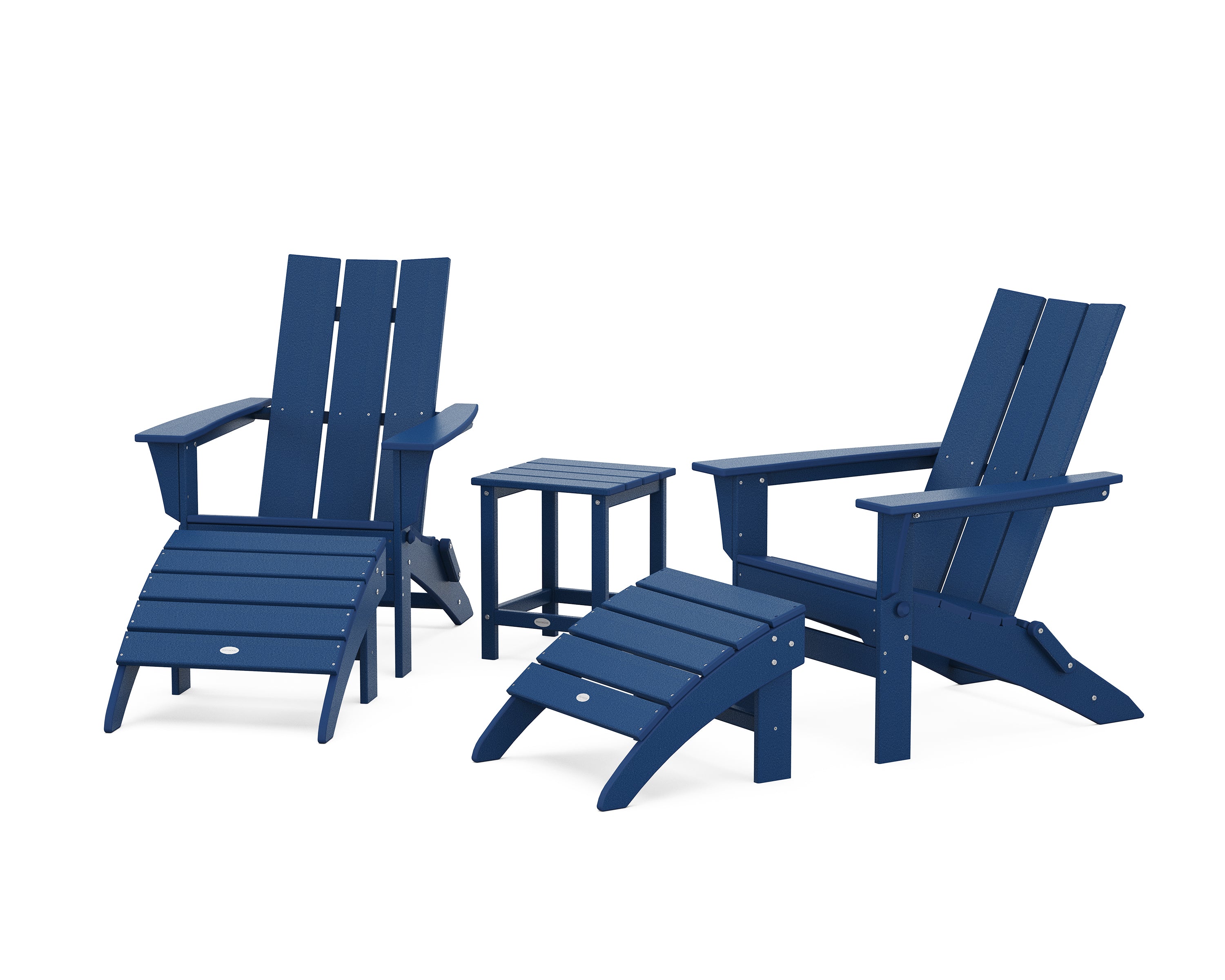 POLYWOOD Modern Folding Adirondack Chair 5-Piece Set with Ottomans and 18" Side Table in Navy