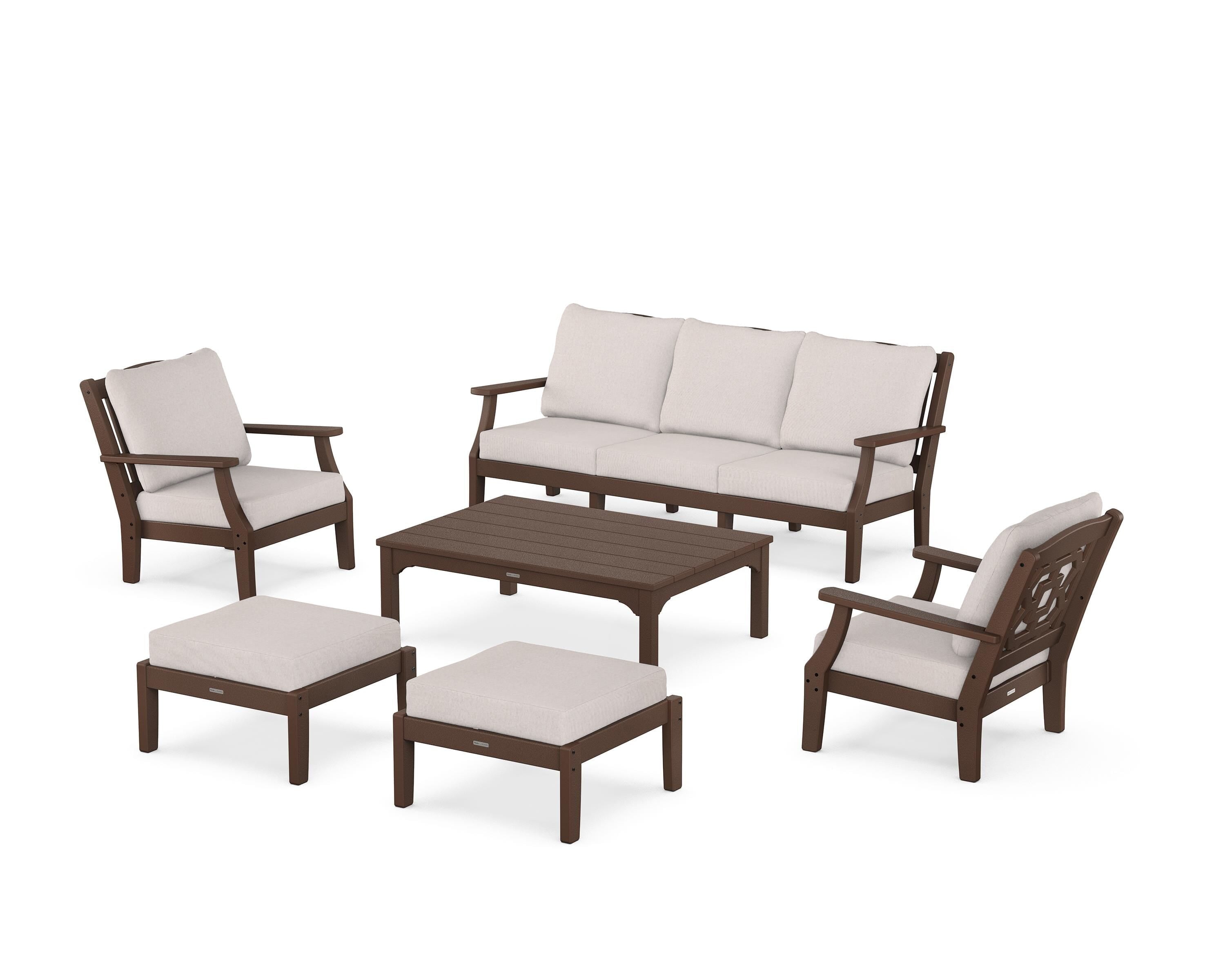 Martha Stewart by POLYWOOD Chinoiserie 6-Piece Lounge Sofa Set in Mahogany / Dune Burlap