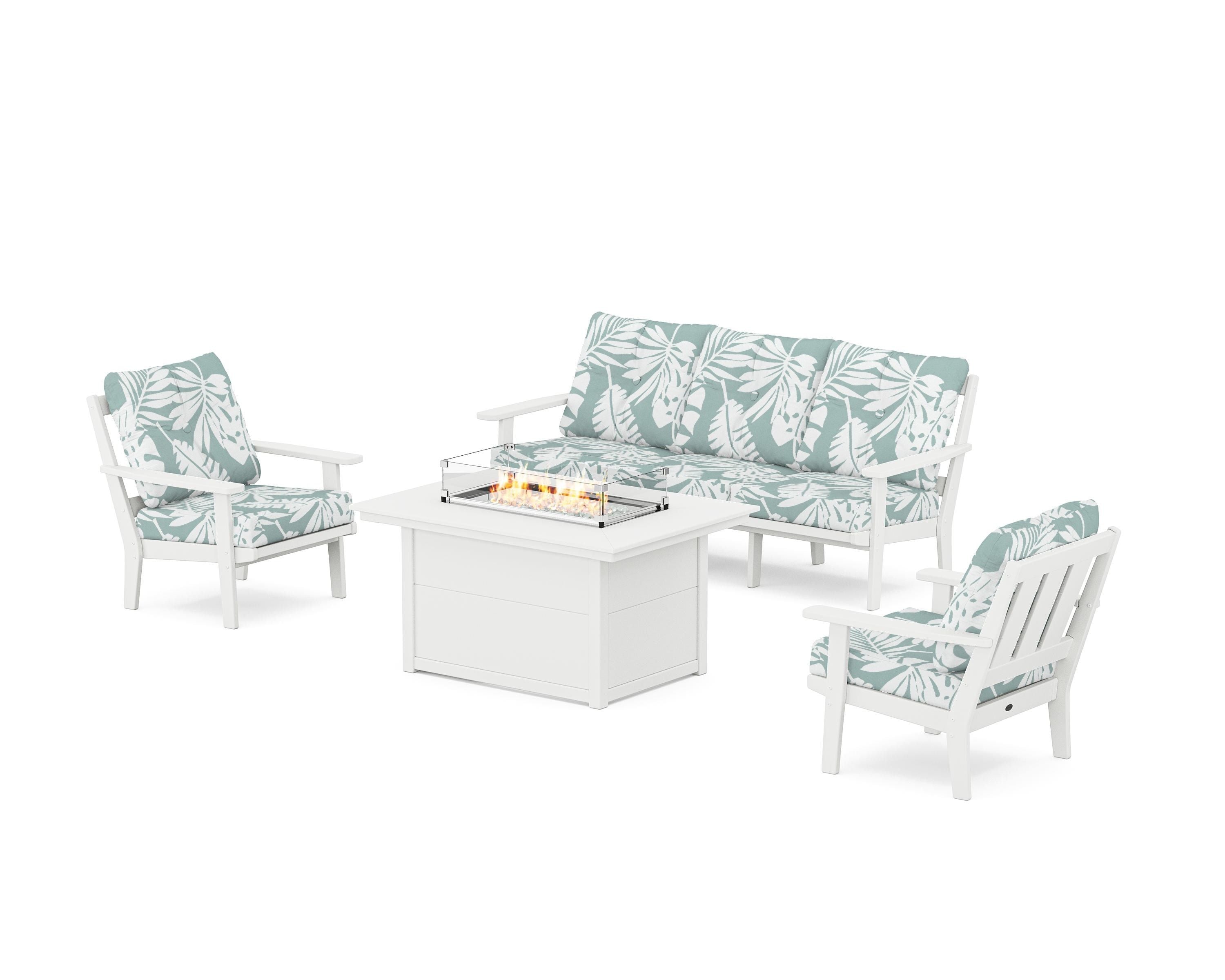 POLYWOOD Oxford Deep Seating Fire Pit Table Set in White / Leaf Glacier Spa