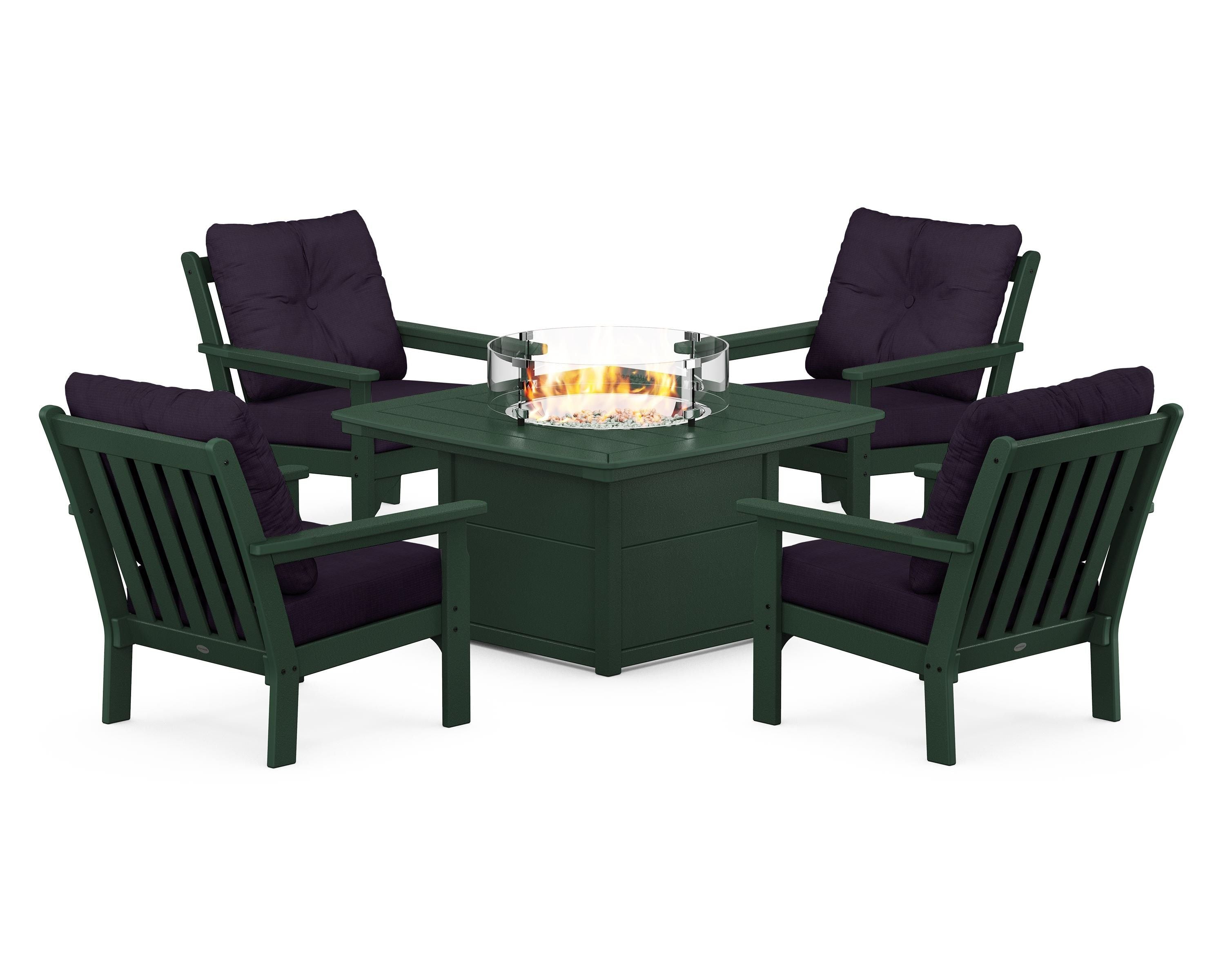 POLYWOOD Vineyard 5-Piece Conversation Set with Fire Pit Table in Green / Navy Linen