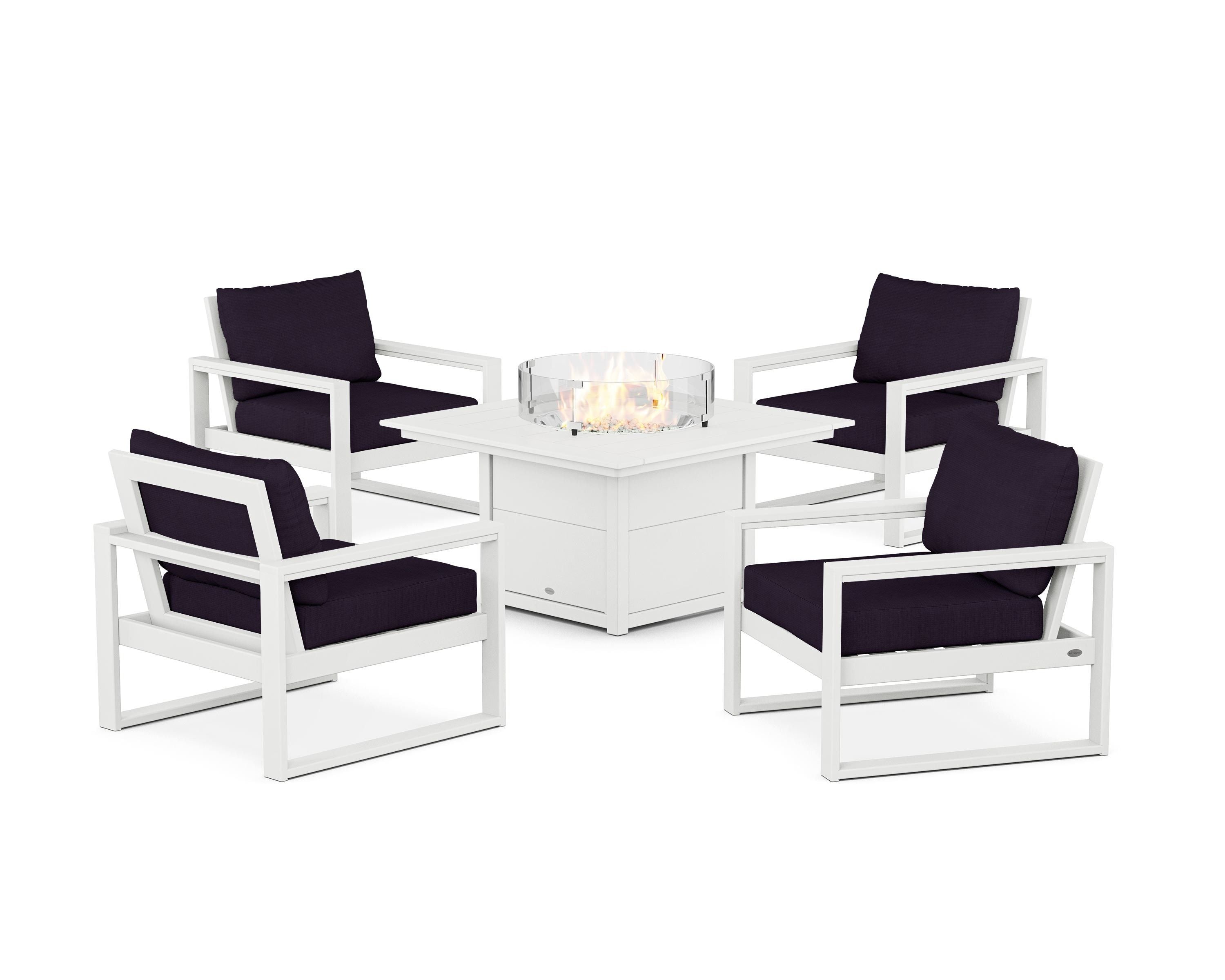 POLYWOOD EDGE Sectional 5-Piece Deep Seating Set with Fire Pit Table in White / Navy Linen