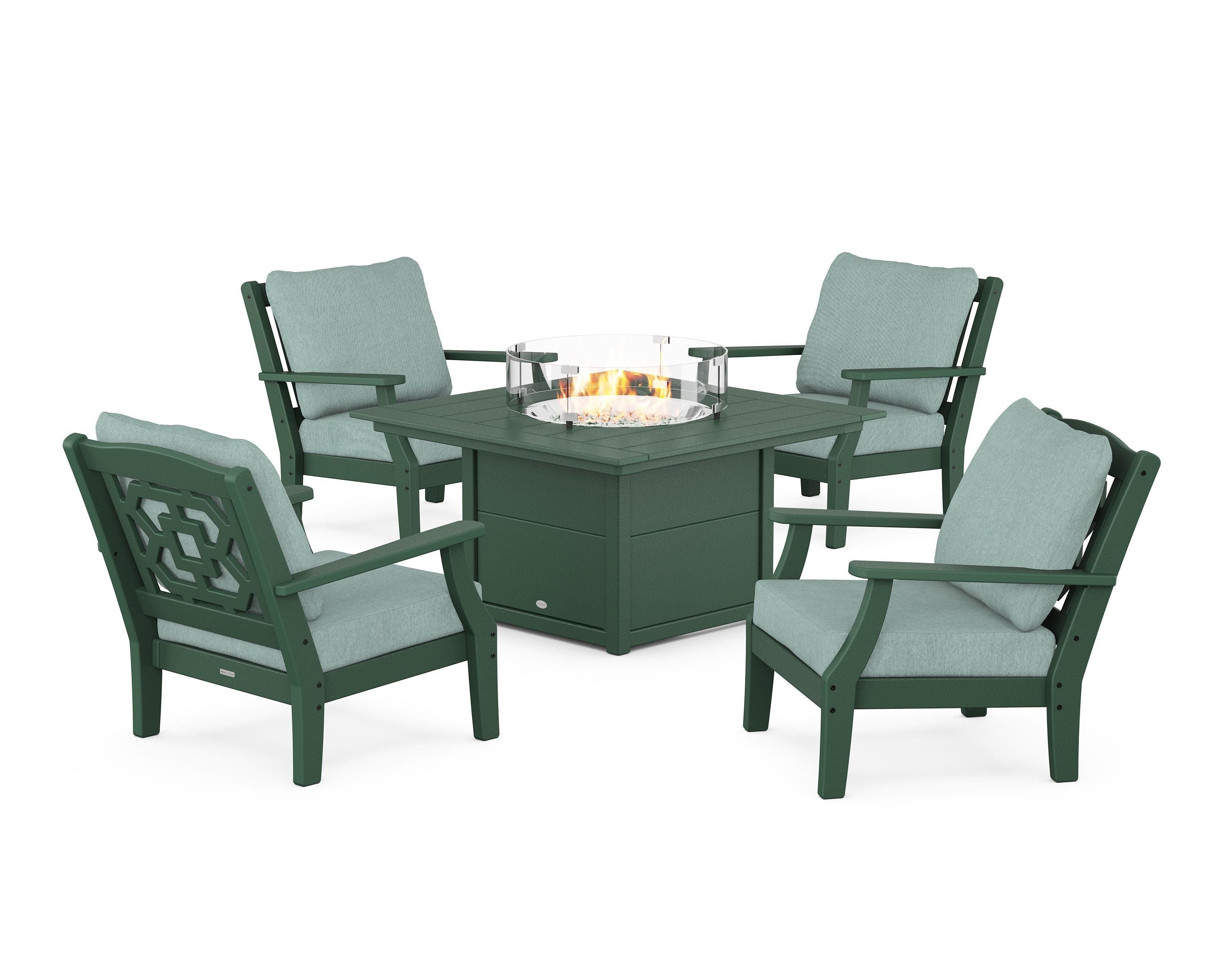 Martha Stewart by POLYWOOD Chinoiserie 5-Piece Deep Seating Set with Fire Pit Table in Green / Glacier Spa