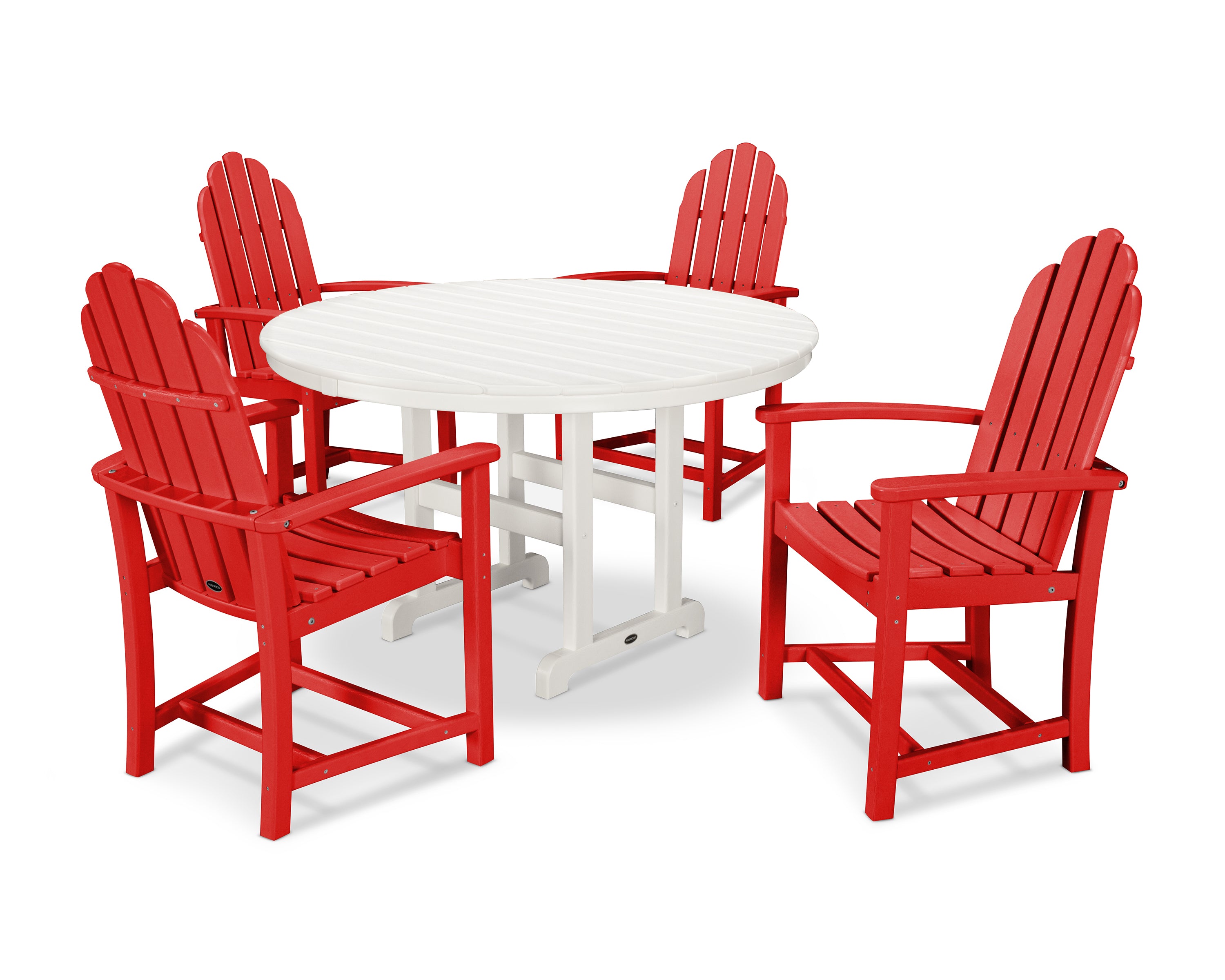 POLYWOOD® Classic Adirondack 5-Piece Round Farmhouse Dining Set in Sunset Red / White