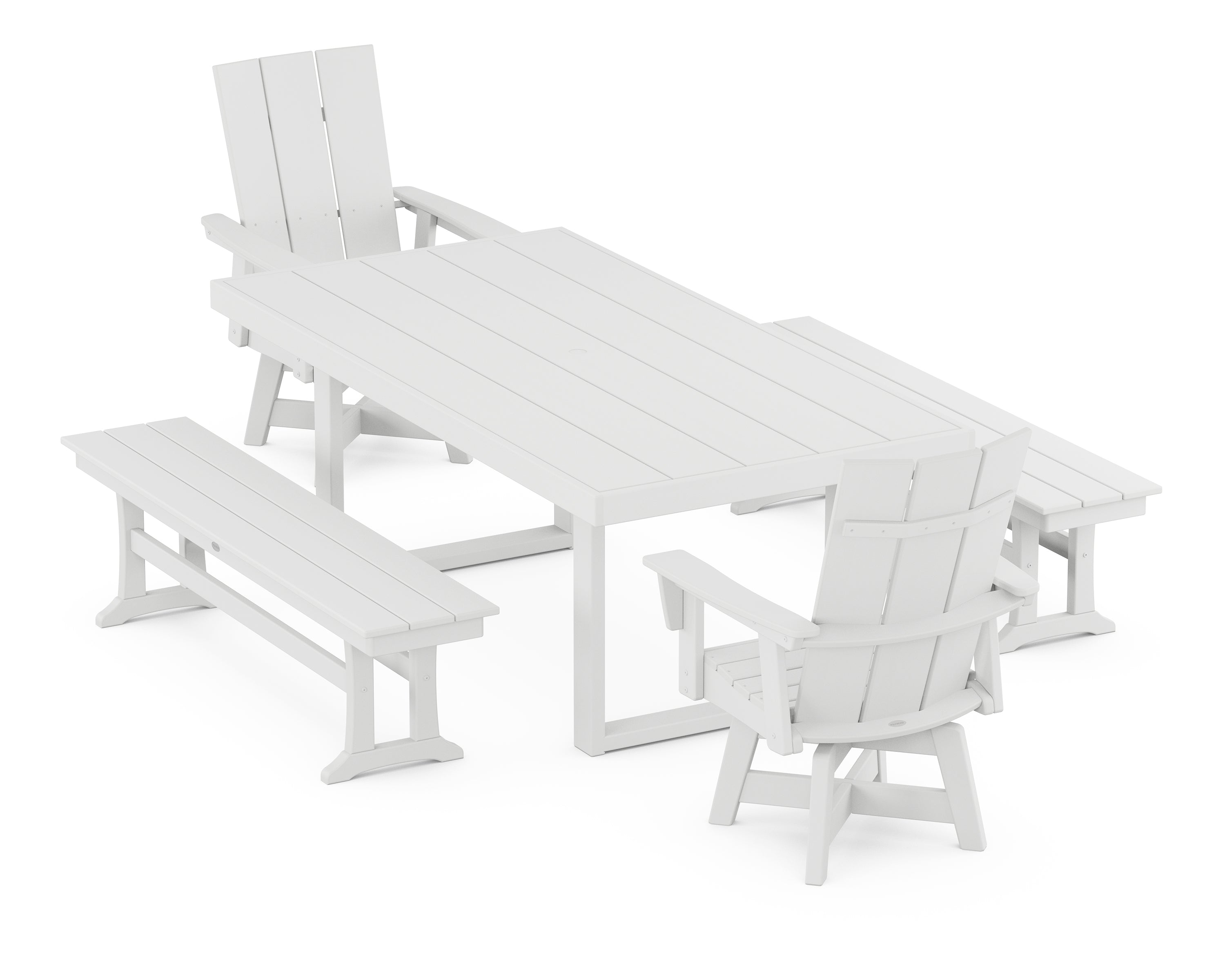 POLYWOOD Modern Adirondack Swivel Chair 5-Piece Dining Set with Benches in White