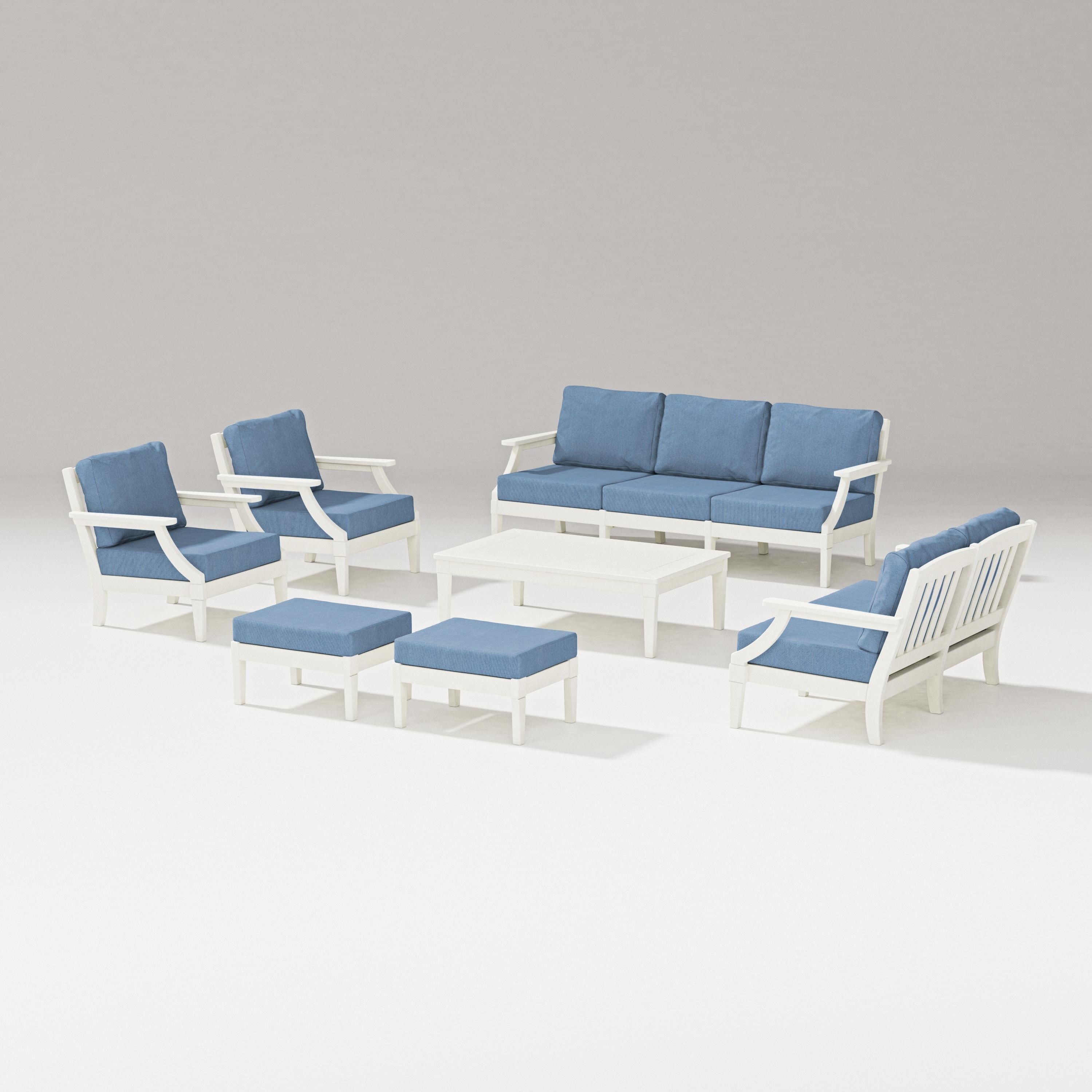 PW Designer Series Estate 7-Piece Lounge Sofa Set in Vintage White / Sky Blue