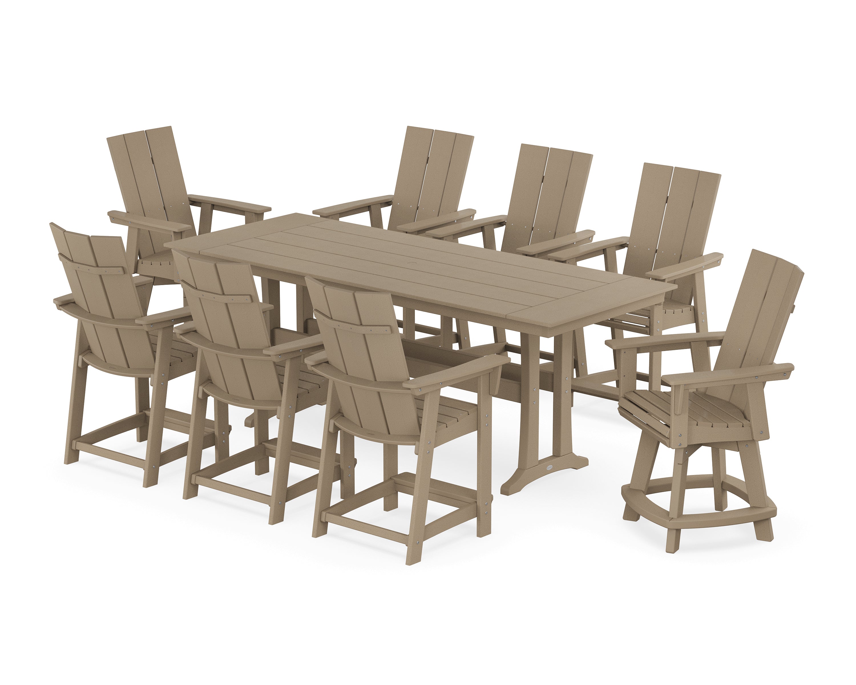 POLYWOOD® Modern Curveback Adirondack Swivel 9-Piece Farmhouse Counter Set with Trestle Legs in Vintage Sahara