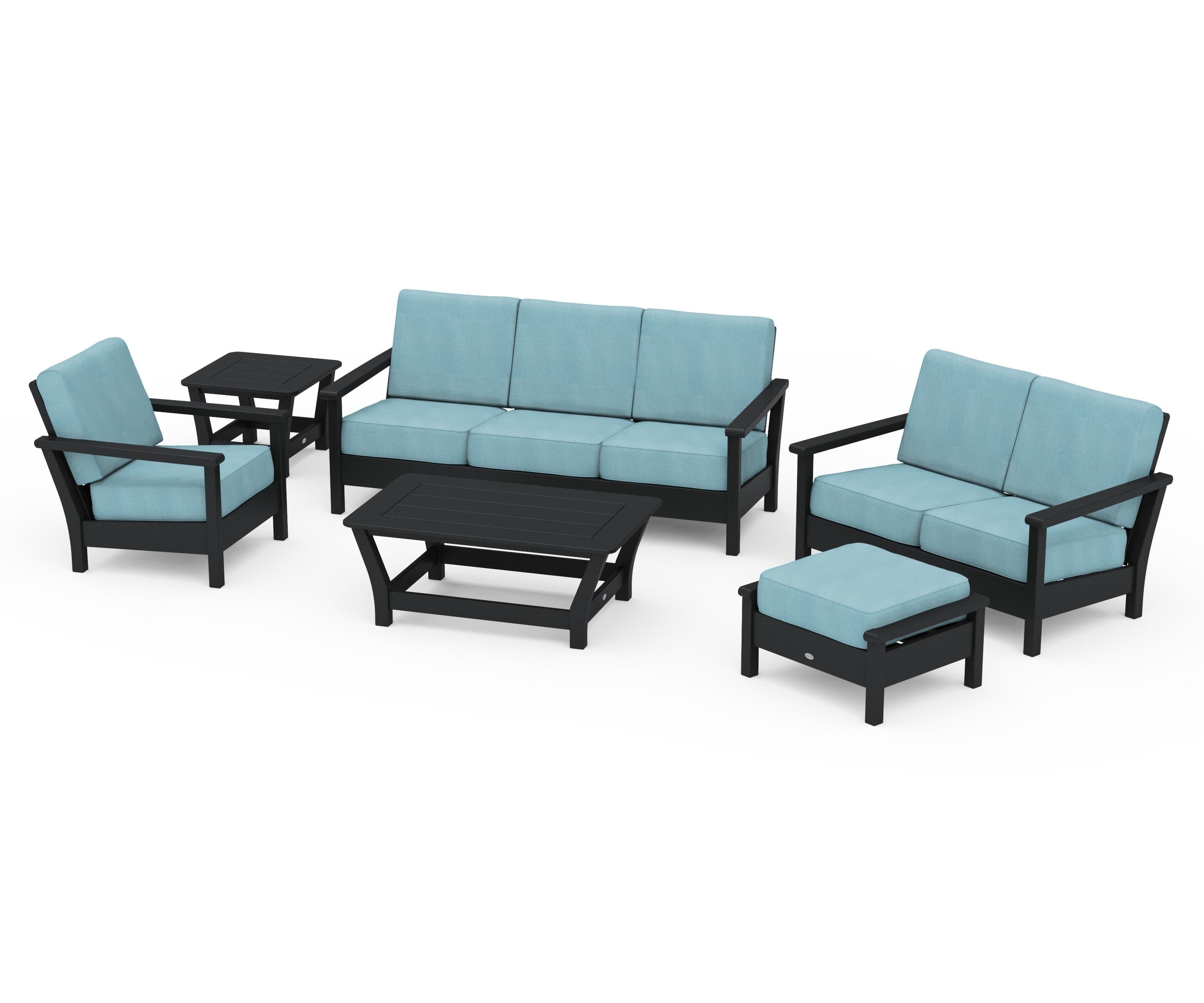 POLYWOOD Harbour 6-Piece Outdoor Living Set in Black / Lattice Sky Blue