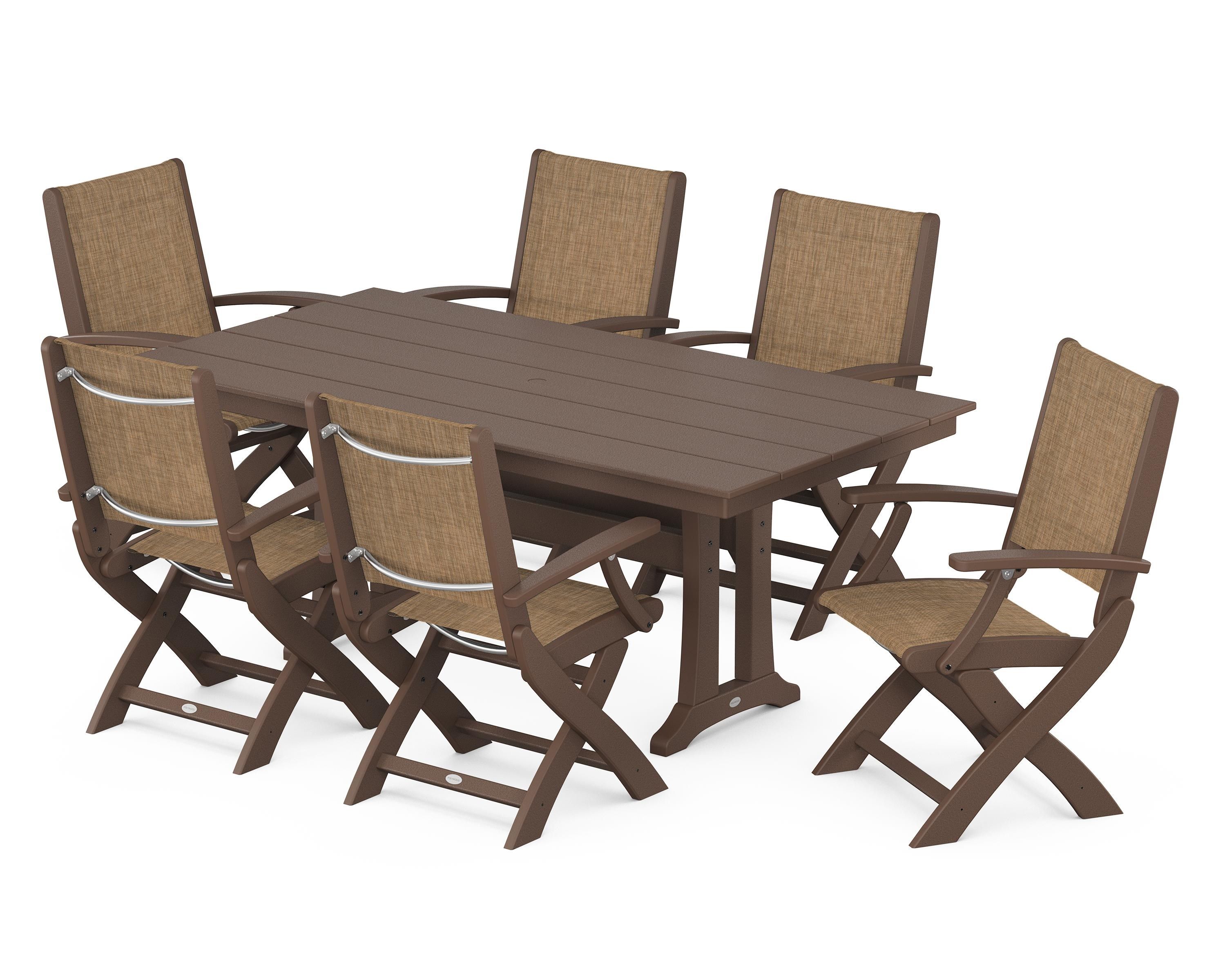 POLYWOOD Coastal Folding Arm Chair 7-Piece Farmhouse Dining Set with Trestle Legs in Mahogany / Burlap Sling