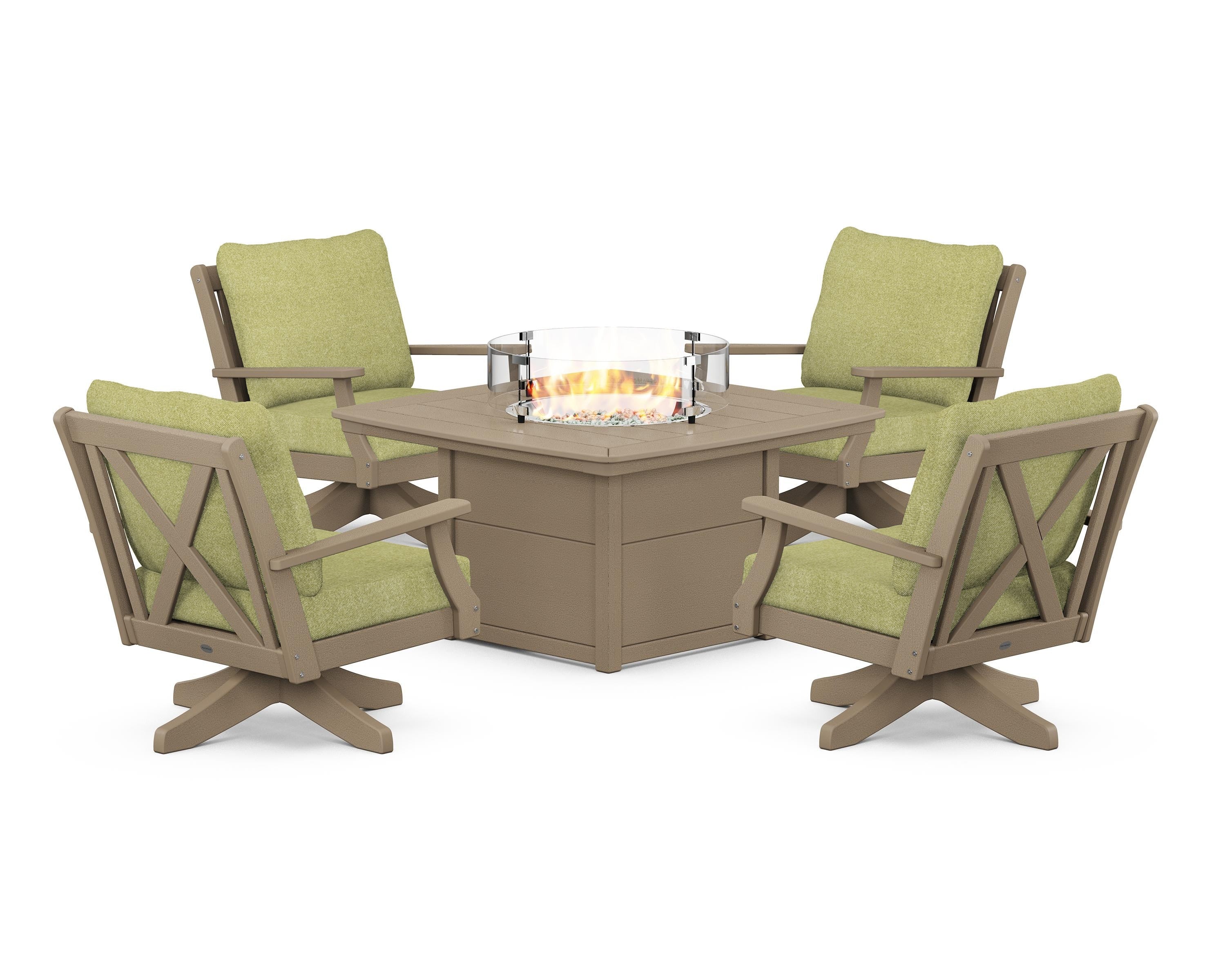 POLYWOOD Braxton 5-Piece Deep Seating Swivel Conversation Set with Fire Pit Table in Vintage Sahara / Chartreuse Boucle